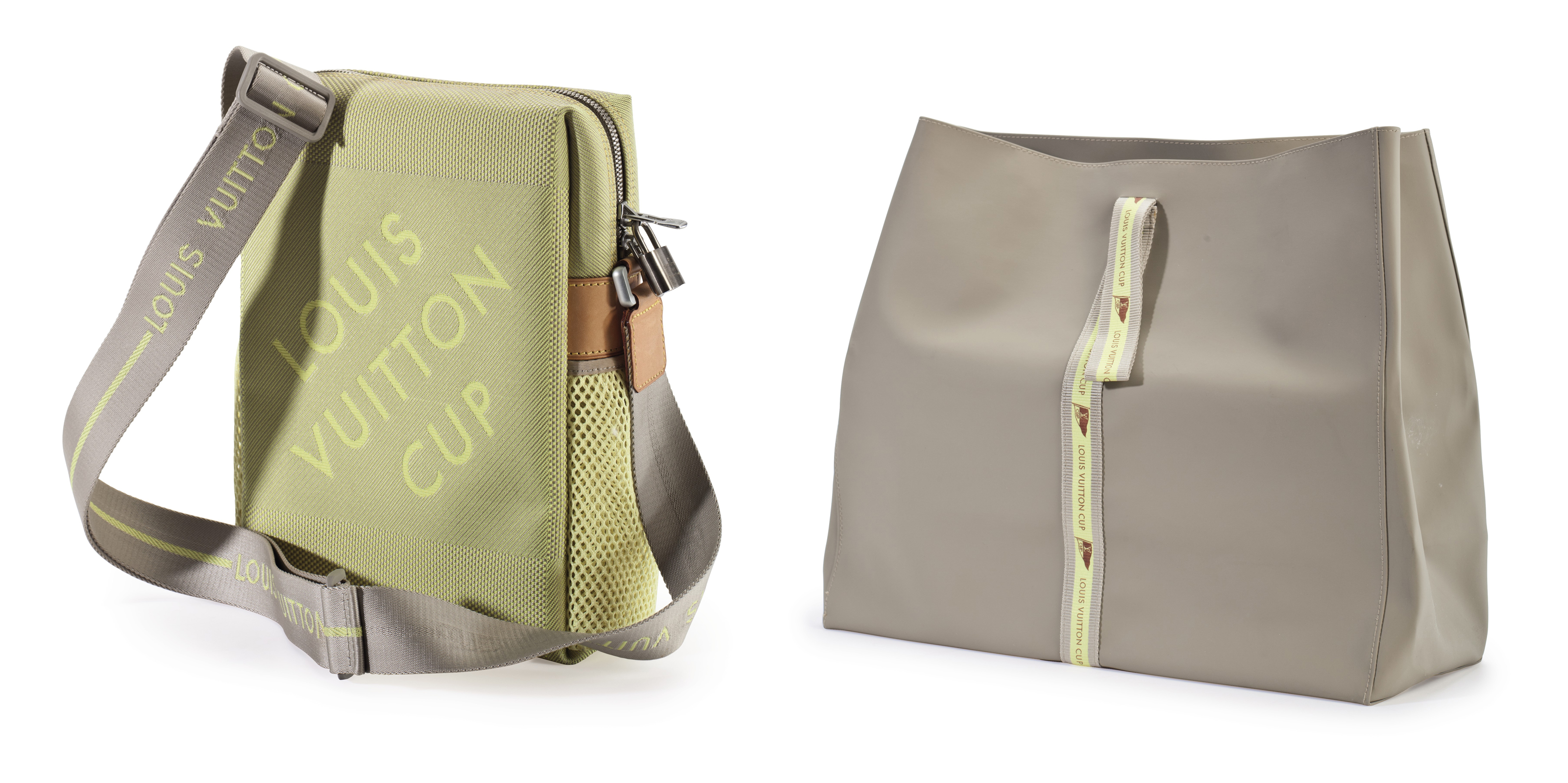 A LIME GREEN LOUIS VUITTON CUP AUCKLAND SHOULDER BAG AND A GREY VINYL SHOPPER BAG , BOTH LABELED ...