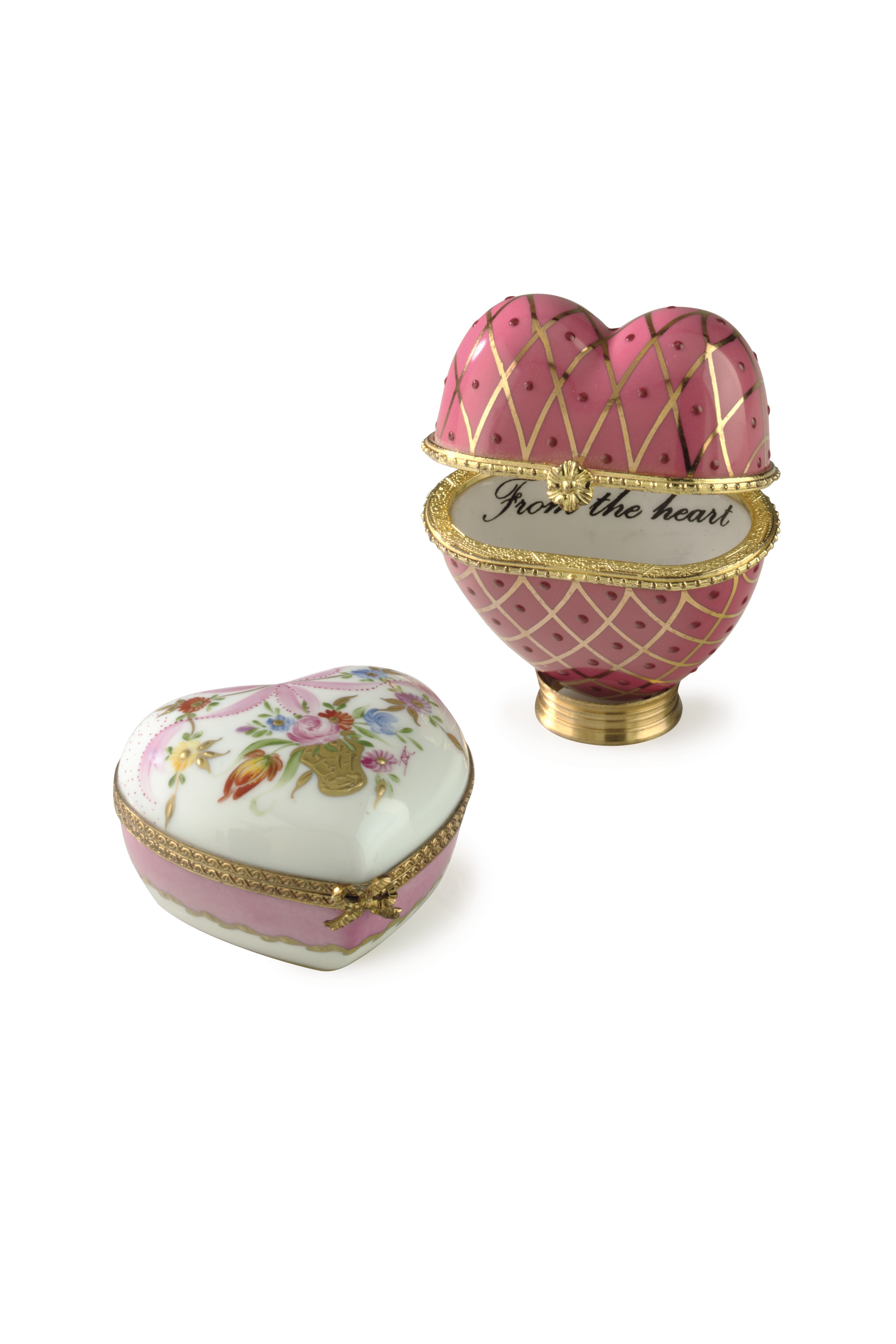 FRENCH , TWO GILTMETALMOUNTED LIMOGES PORCELAIN HEARTSHAPED BOXES