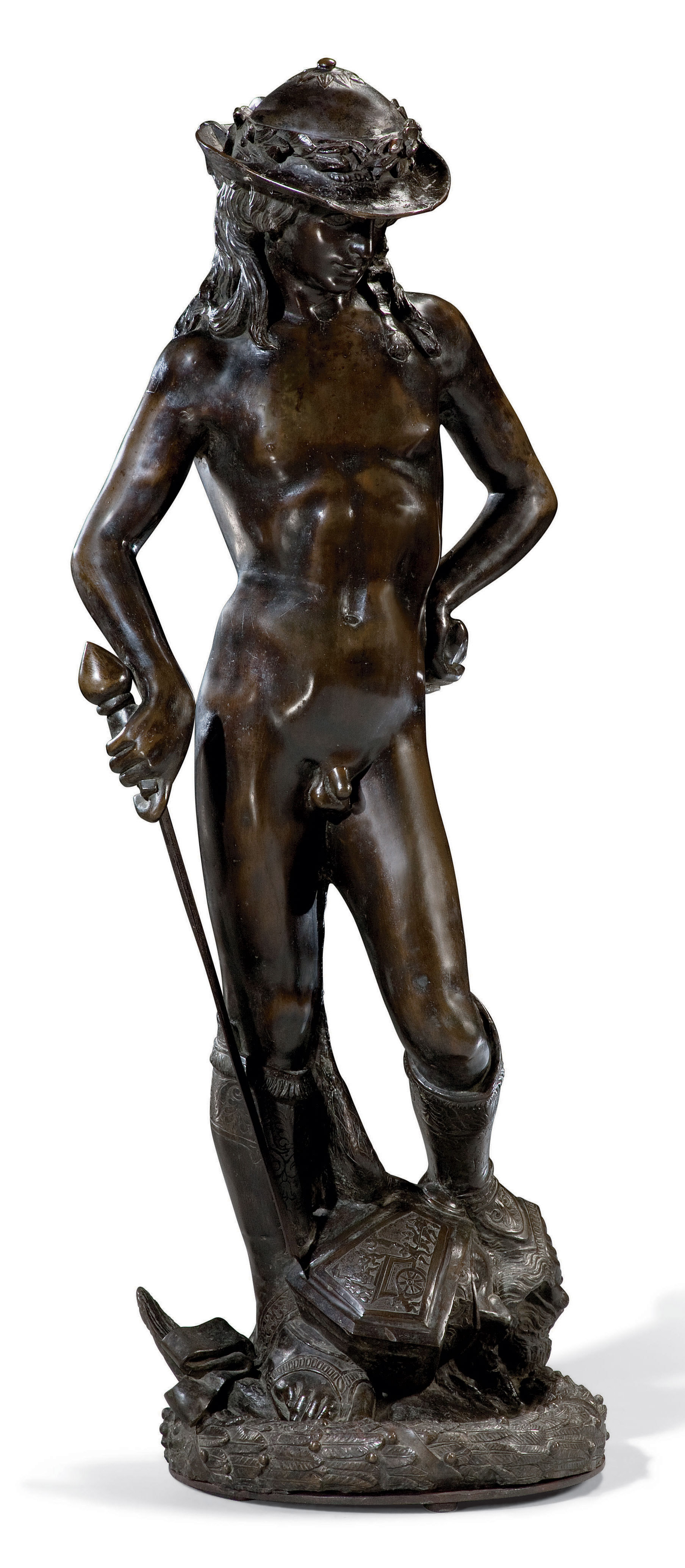 FIGURE EN BRONZE REPRESENTANT DAVID , D'APRES UN MODELE DE DONATELLO