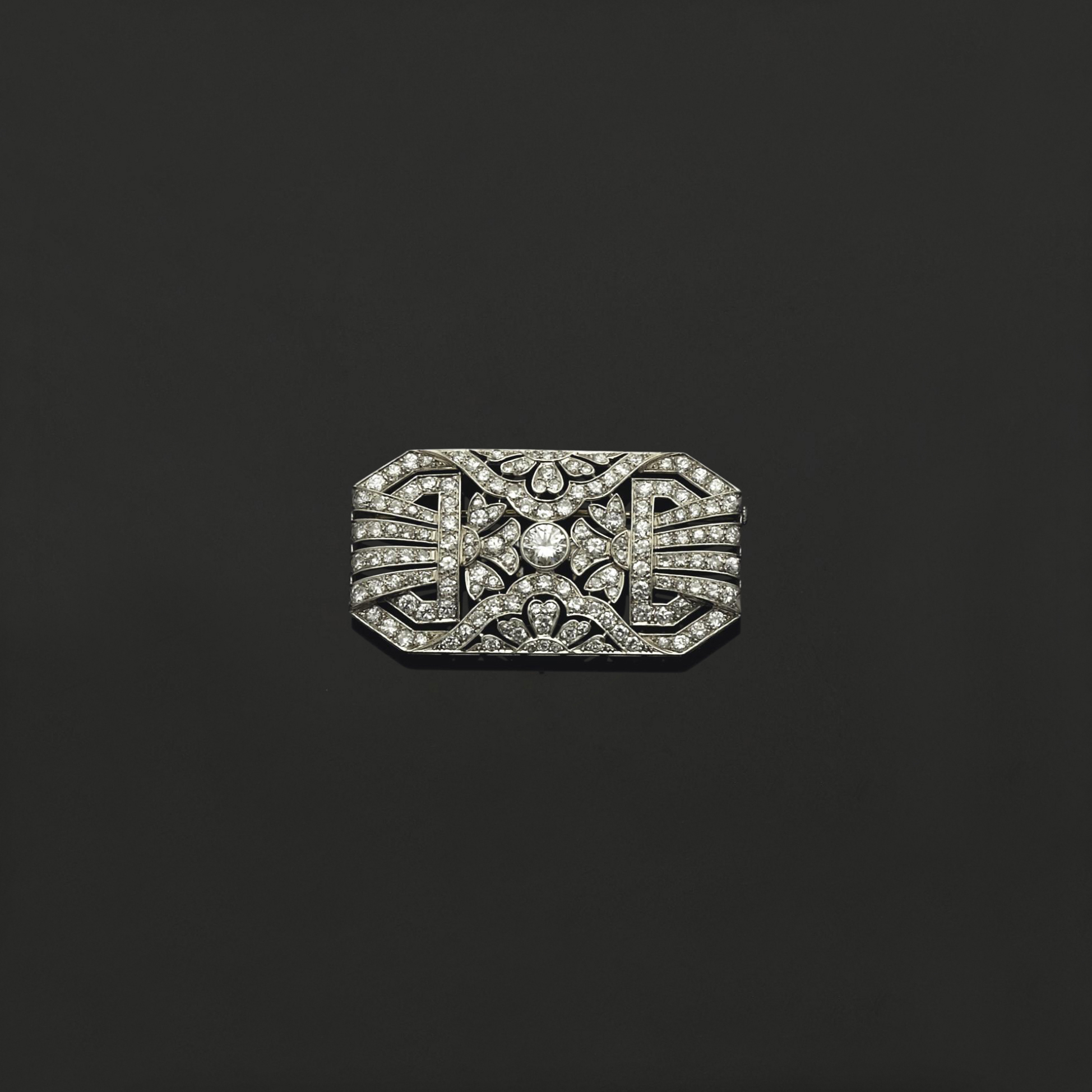Broche Art Déco Florale Rectangulaire Avec Strass Vert - Doré
