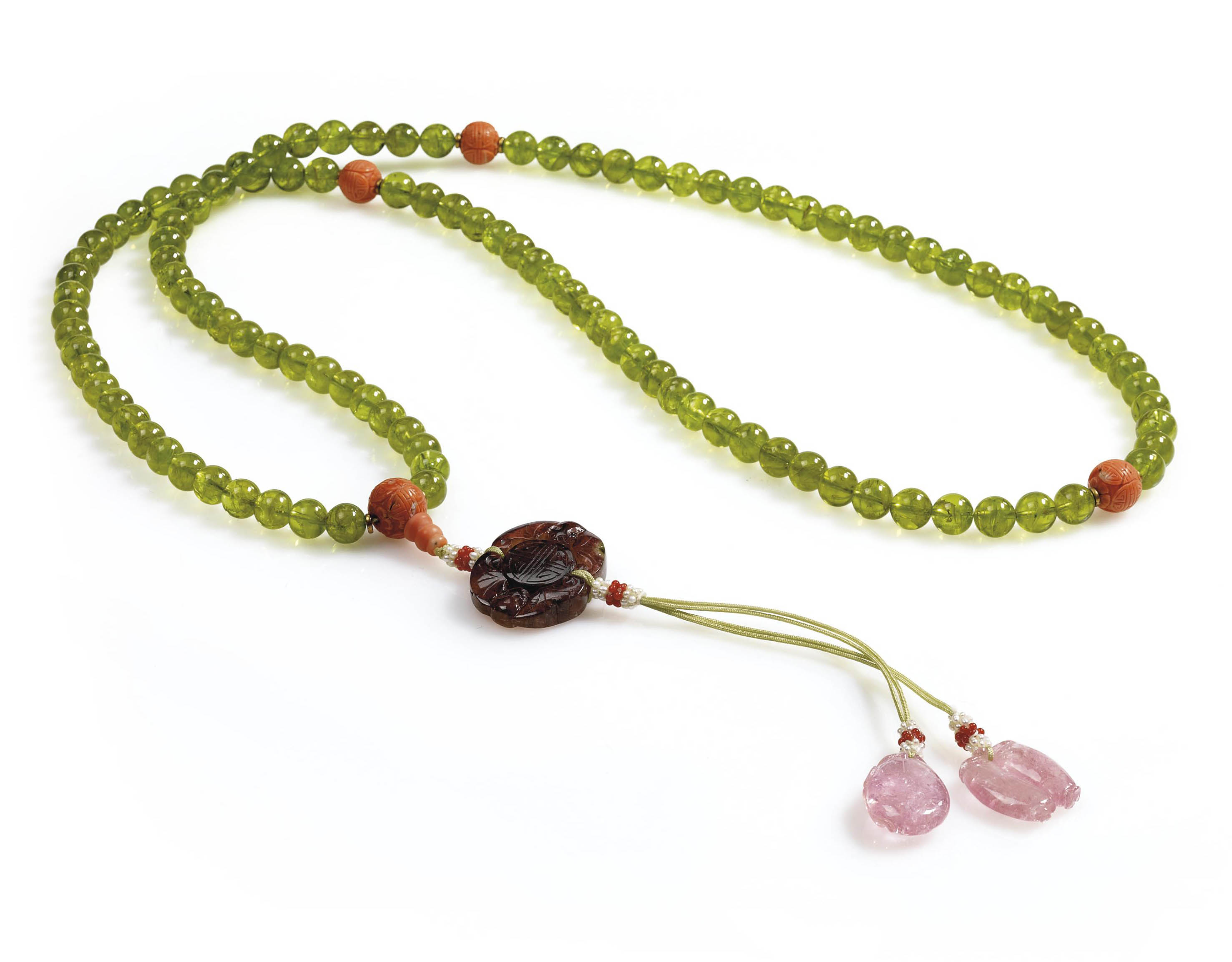 COLLIER EN PERIDOT, CORAIL, TOURMALINE ET PERLES , CHINE, FIN DE LA