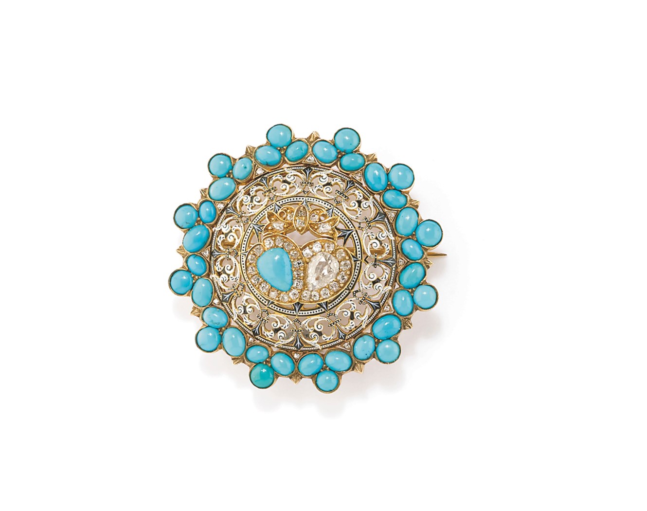 Spilla in oro giallo 18k, turchesi, perle e smalto, XIX secolo | Gioielli | , casa d'aste