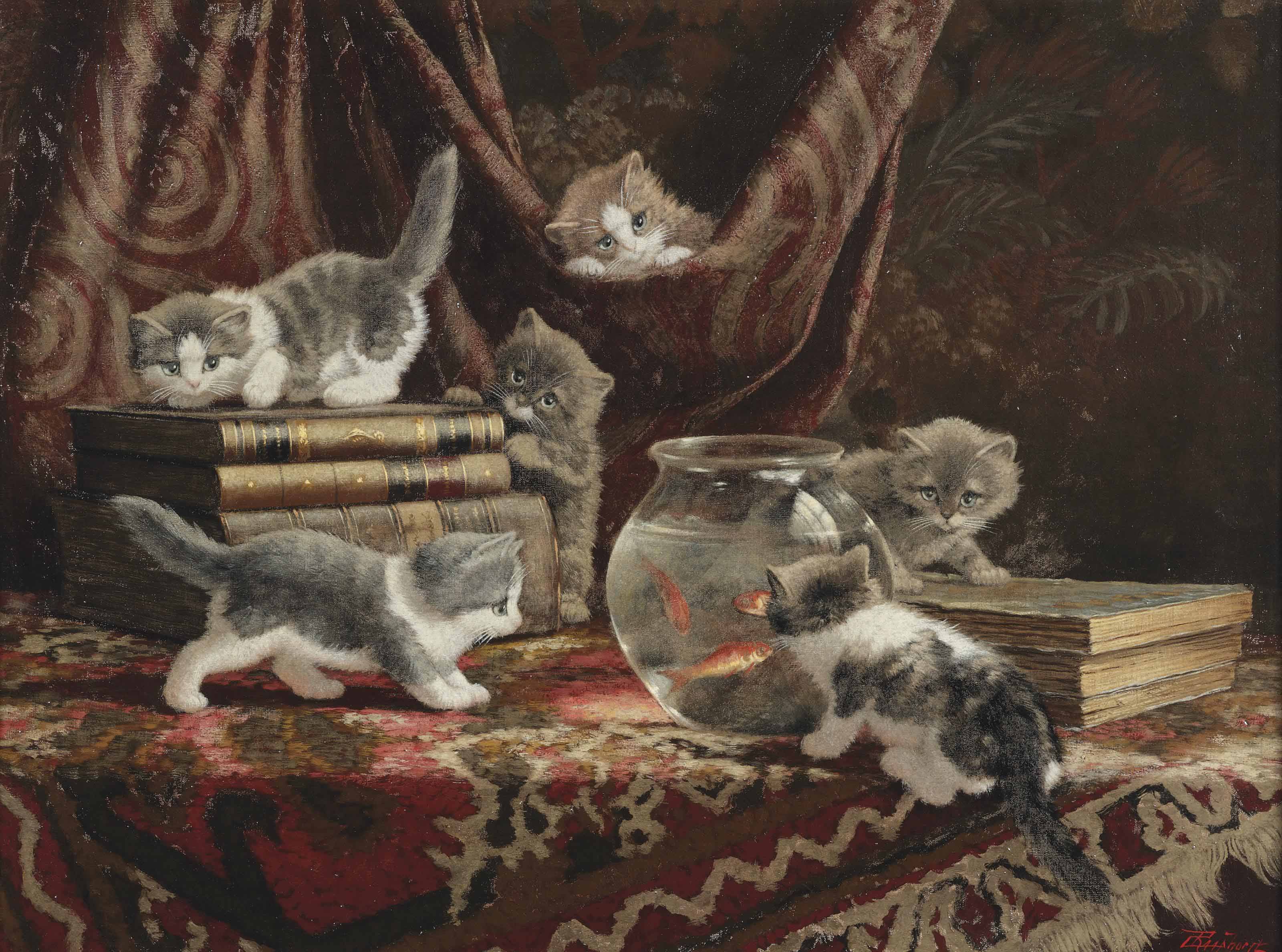 Cornelis Raaphorst 1875 1954 Kittens With Books And A Fish