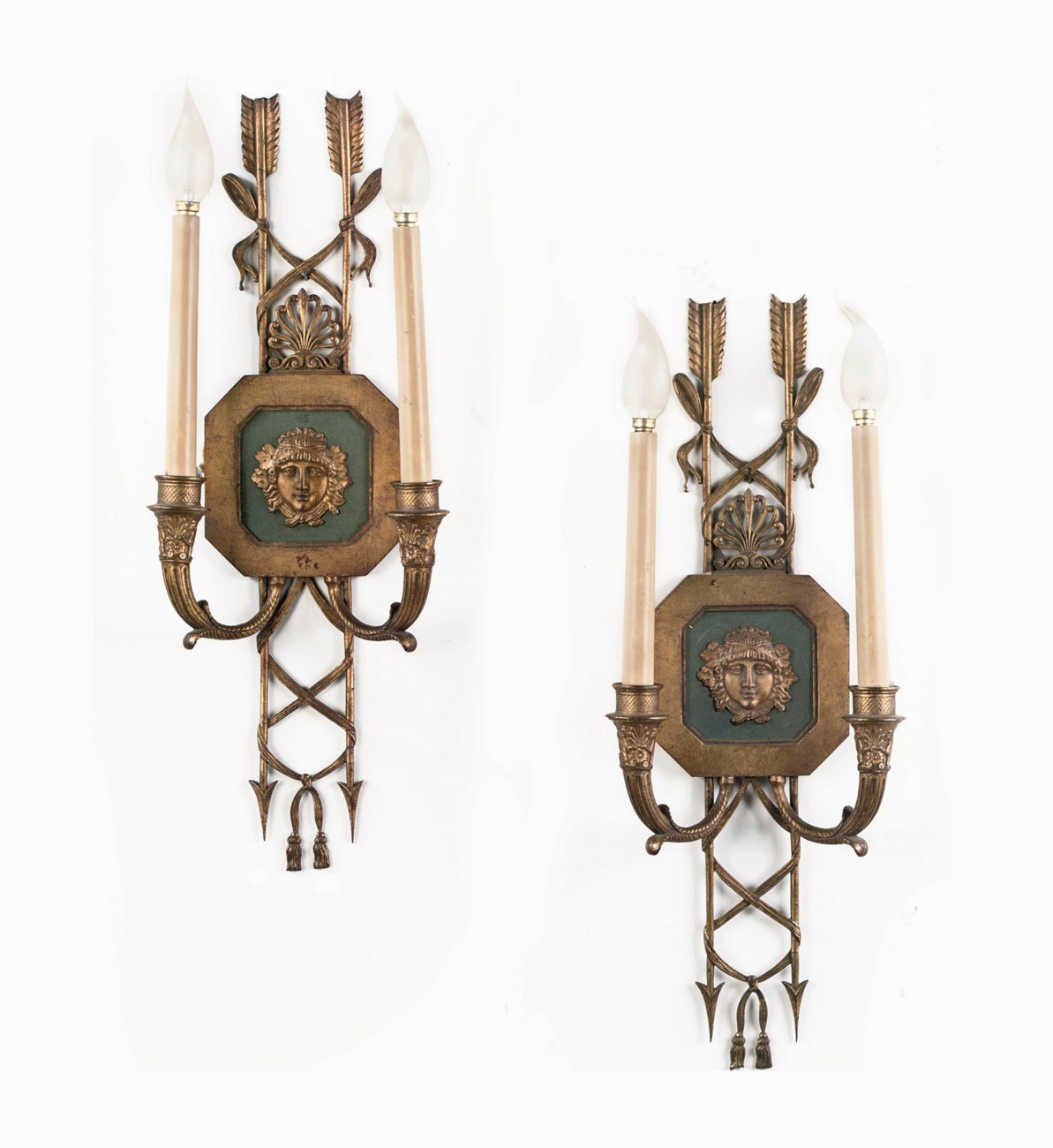 A PAIR OF FRENCH GILT BRONZE AND GREEN PAINTED TWOLIGHT WALL APPLIQUES