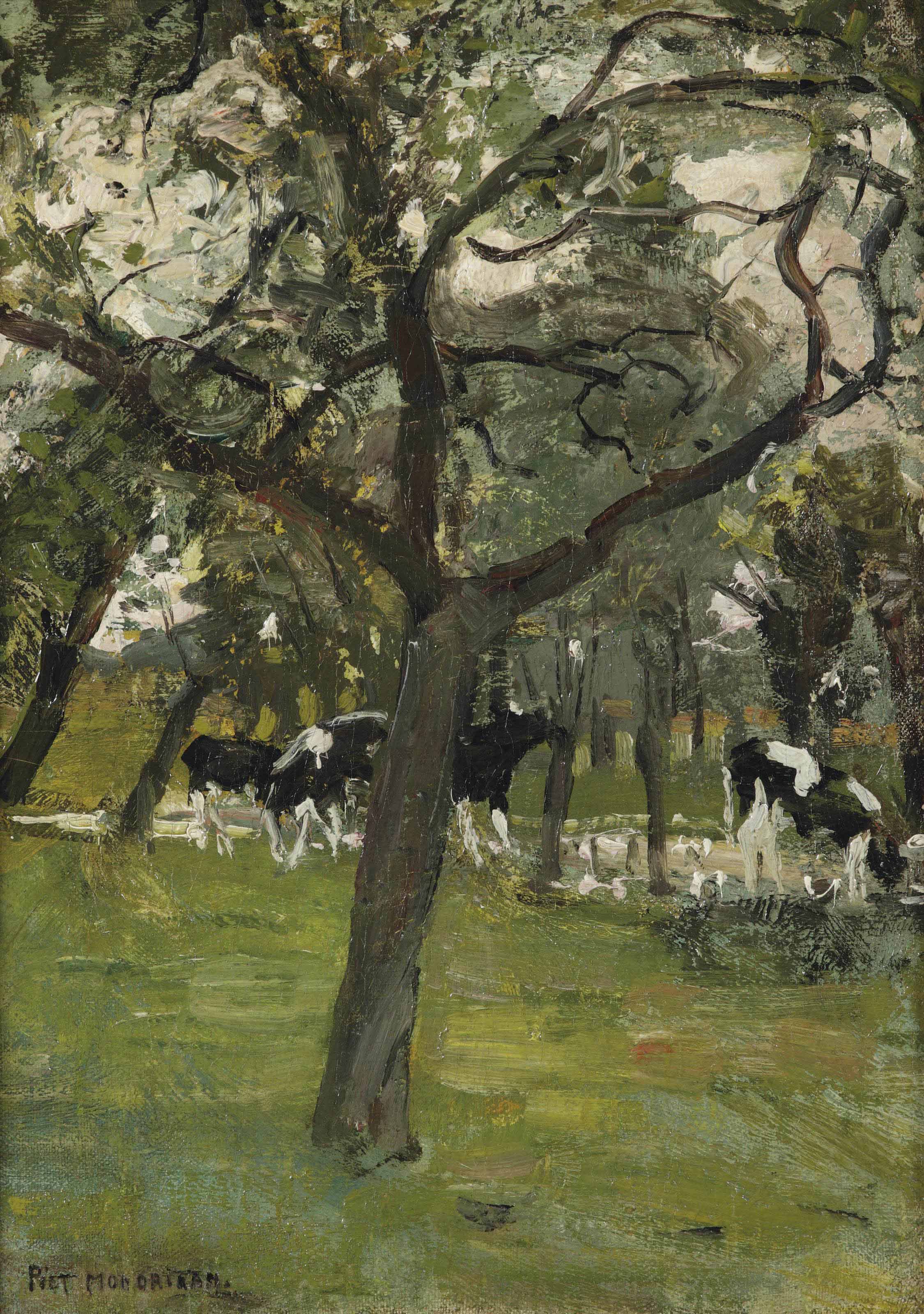 Trees and cows along a stream 

