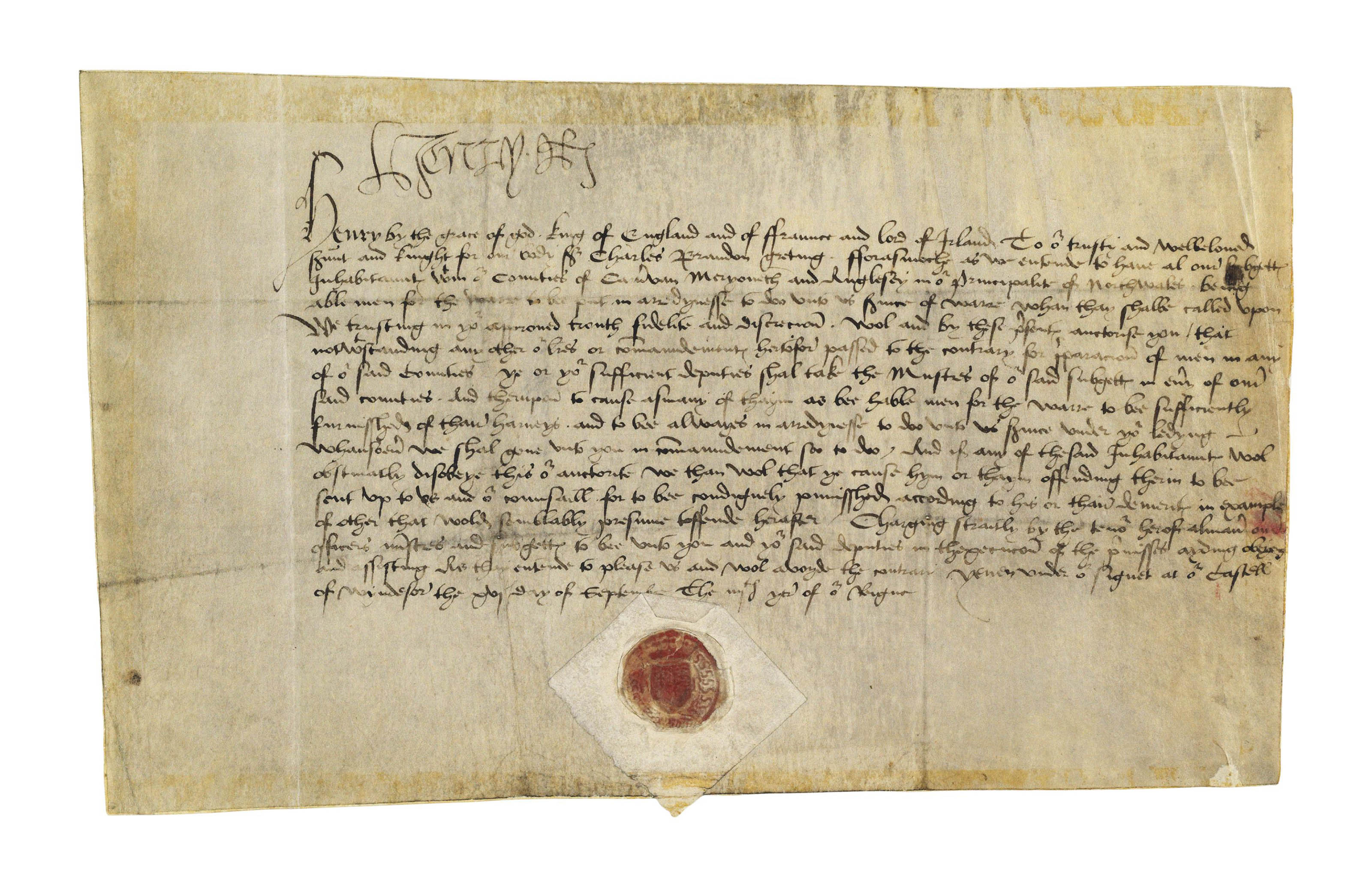 HENRY VIII (1491-1547), king of England and Ireland. Document signed