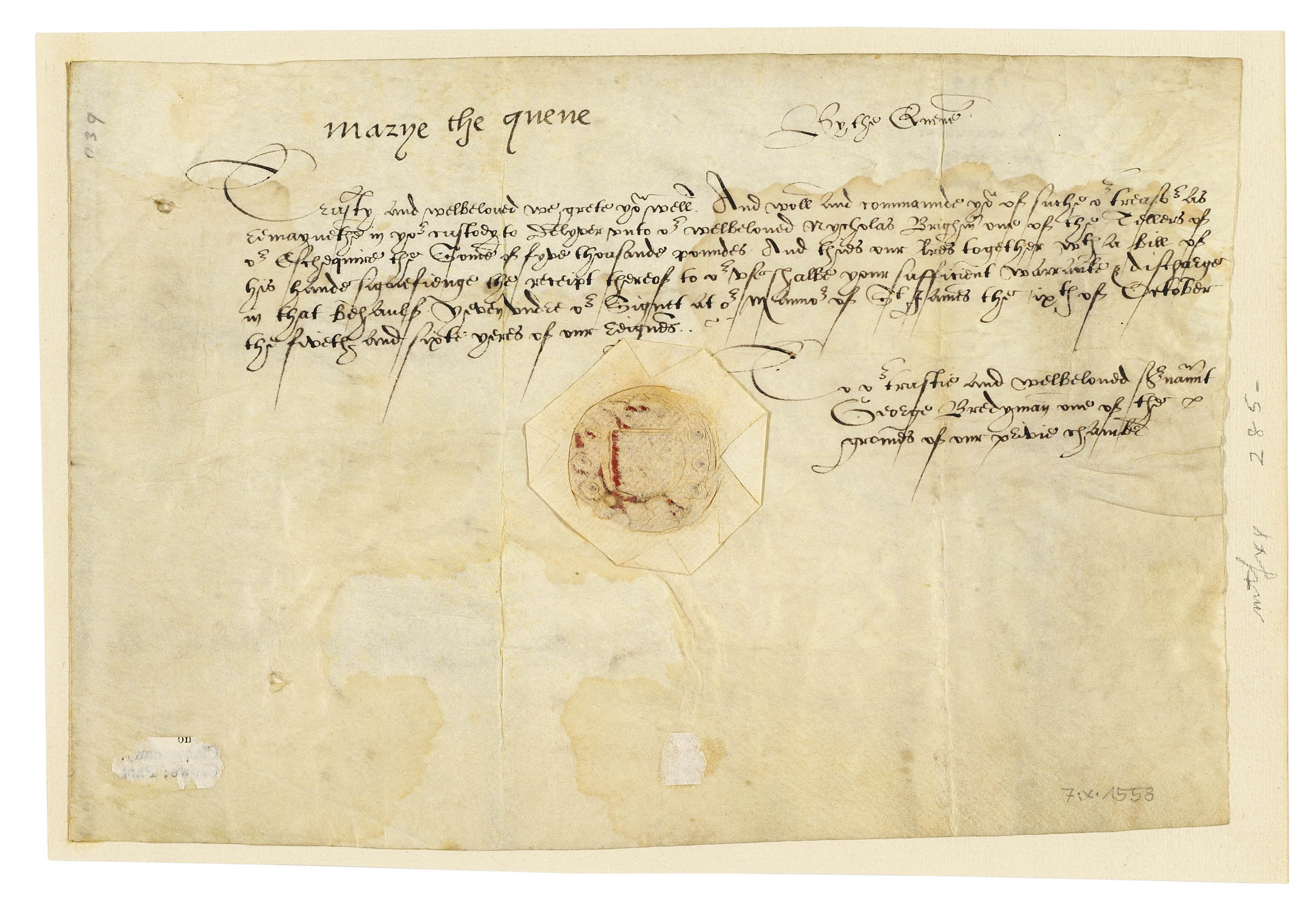 MARY I (1516-1558), queen of England. Document signed ...