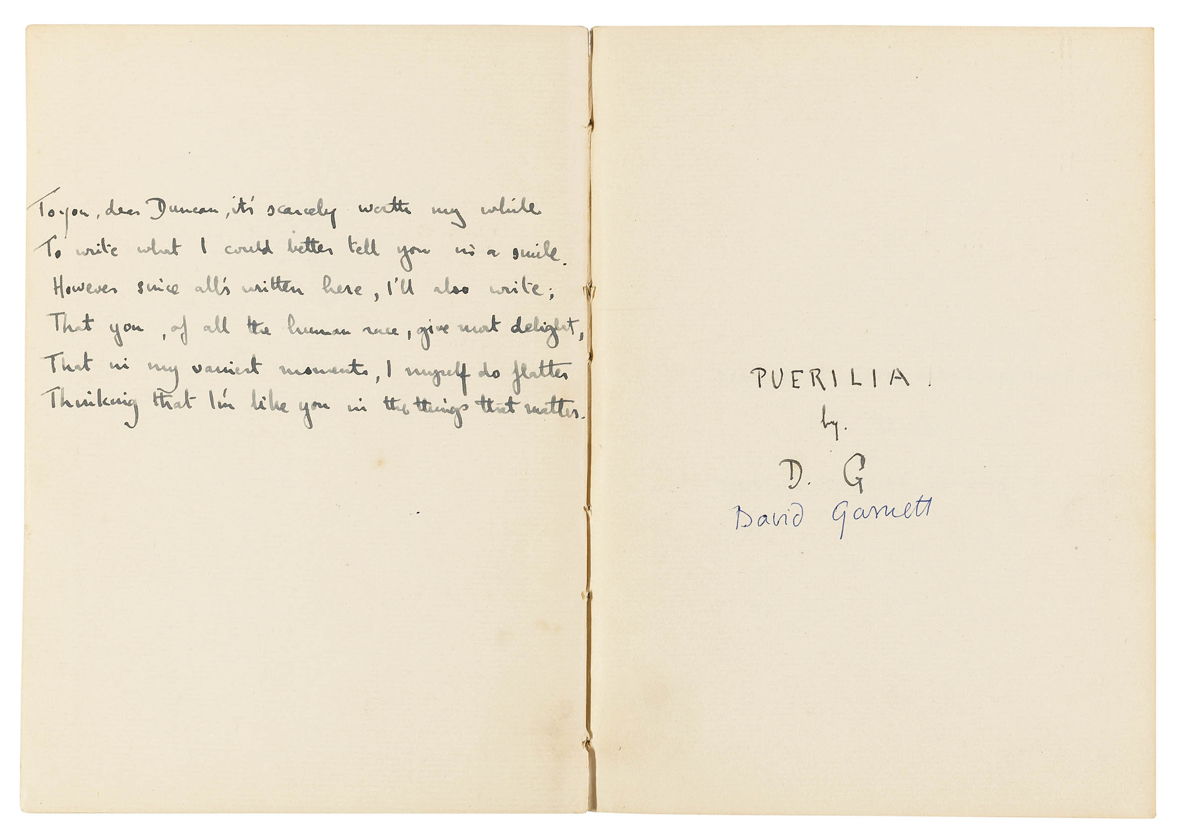 Garnett David 1892 1981 Autograph Manuscript Signed With Initials D G A Neat Presentation Copy Of A Collection Of Poems Puerilia Dedicated To Duncan Grant To The Older And Incomparable Mr D G These First