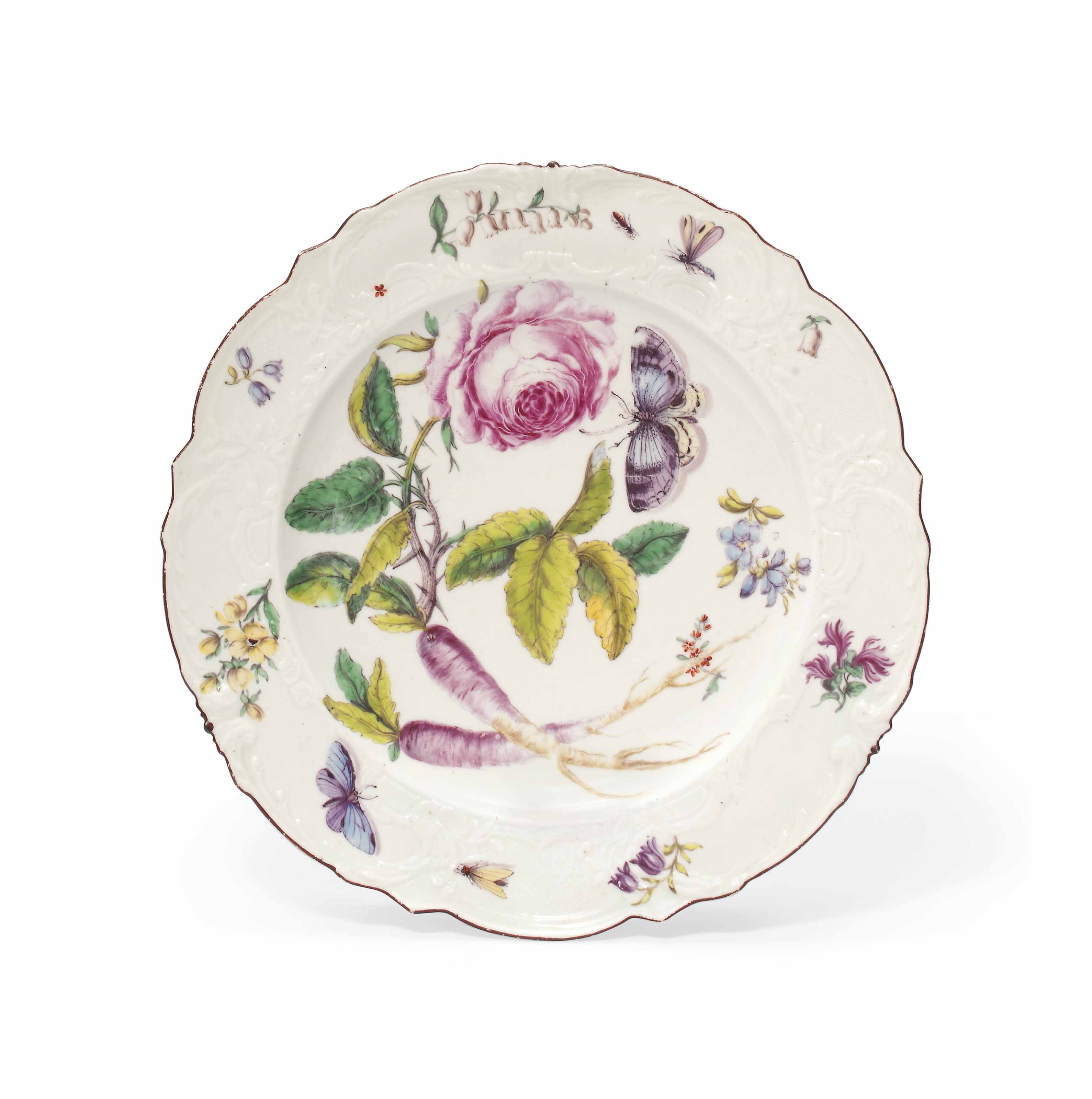 A Chelsea botanical moulded plate, circa 1755. 9&frac12;  in (24  cm) wide. Sold for &pound;15,000 on 31 May 2012 at Christie&rsquo;s in London