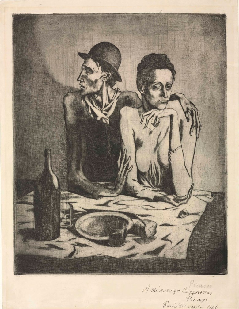 Pablo Picasso (1881-1973), Le repas frugal, etched and printed in 1904. Sheet 21⅝ x 16⅝ in (54.9 x 42.2 cm). Sold for £1,945,250 on 20 June 2012 at Christie's in London. Artwork © Succession PicassoDACS, London 2019