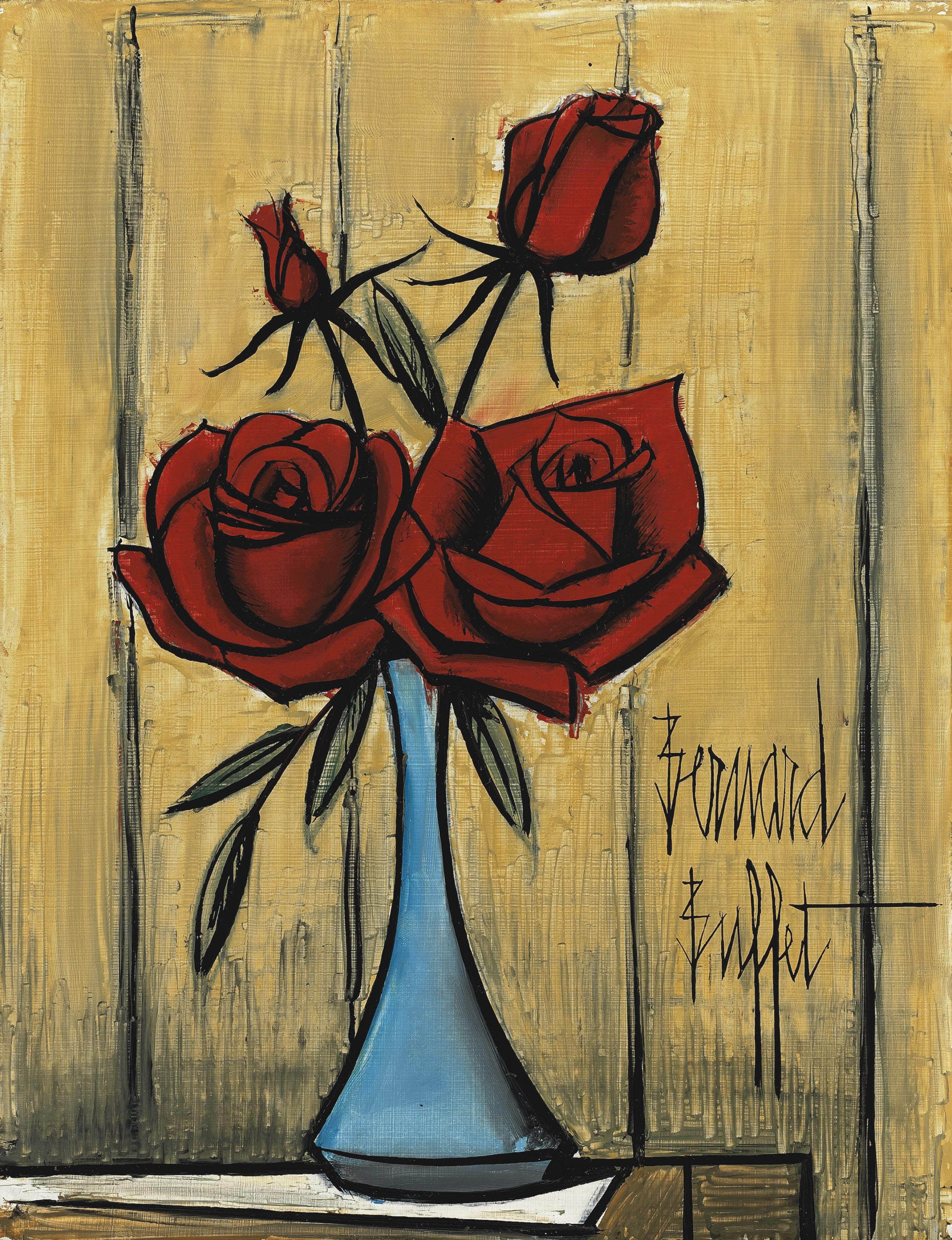 ベルナール・ビュッフェ、【Roses,vase bleu et blanc】