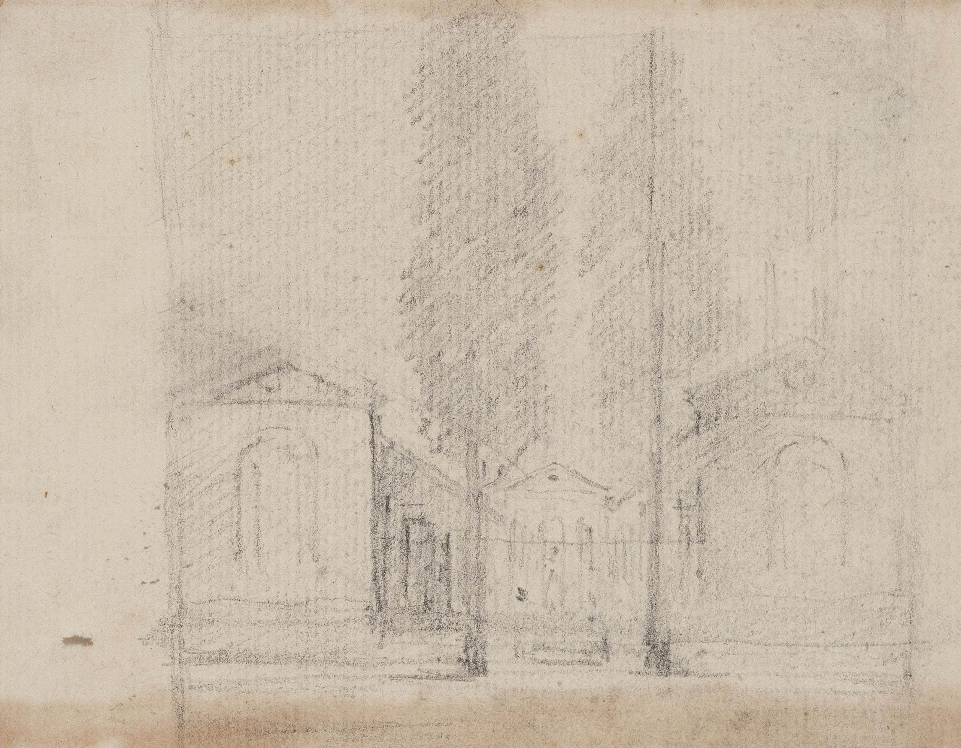 Study of a house with two trees (recto); Drawing of a dog (verso)
