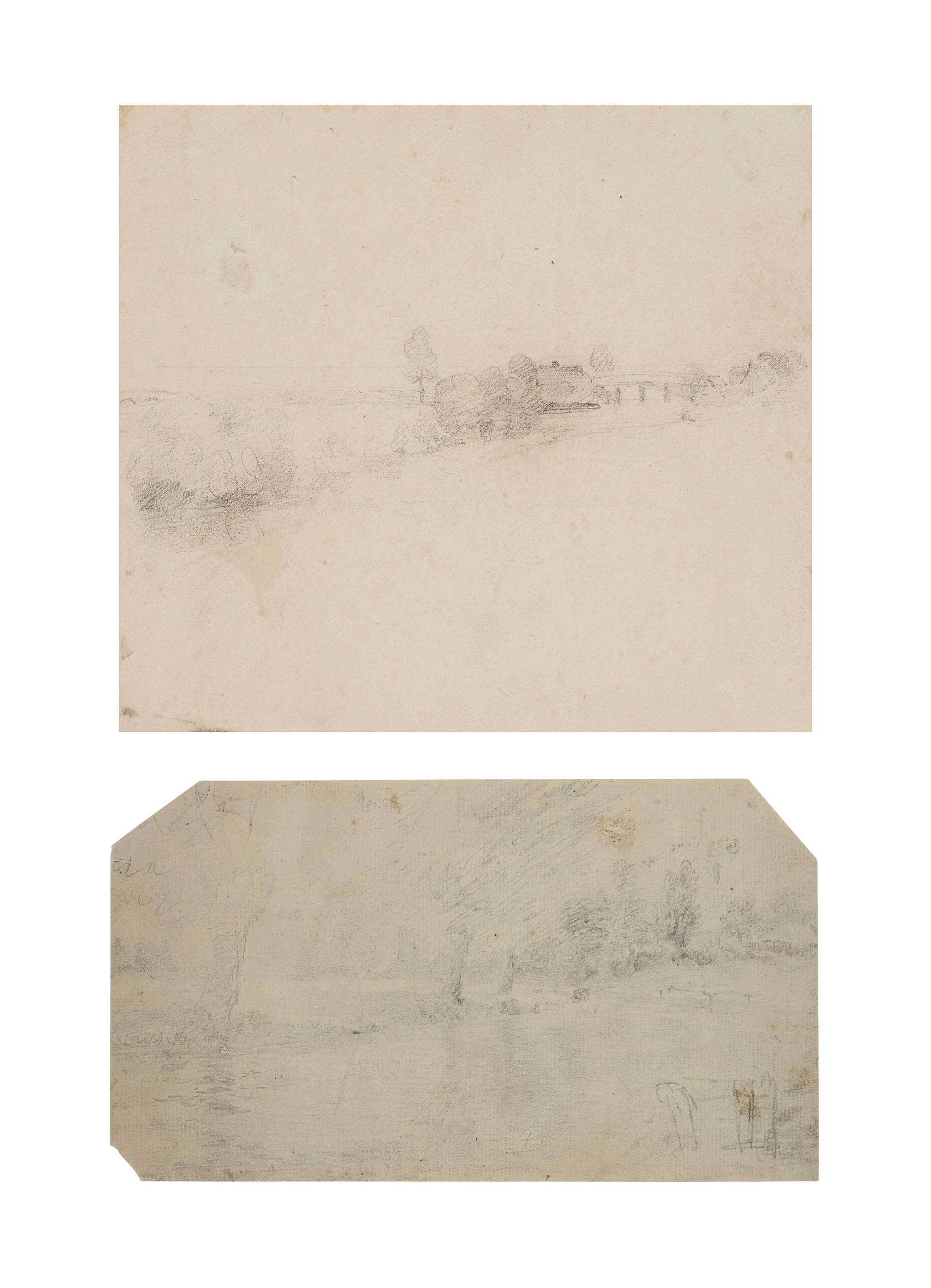 The Stour with Stratford St Mary Bridge (recto) and a draft letter (verso); and A landscape with a church tower, probably also on the River Stour
