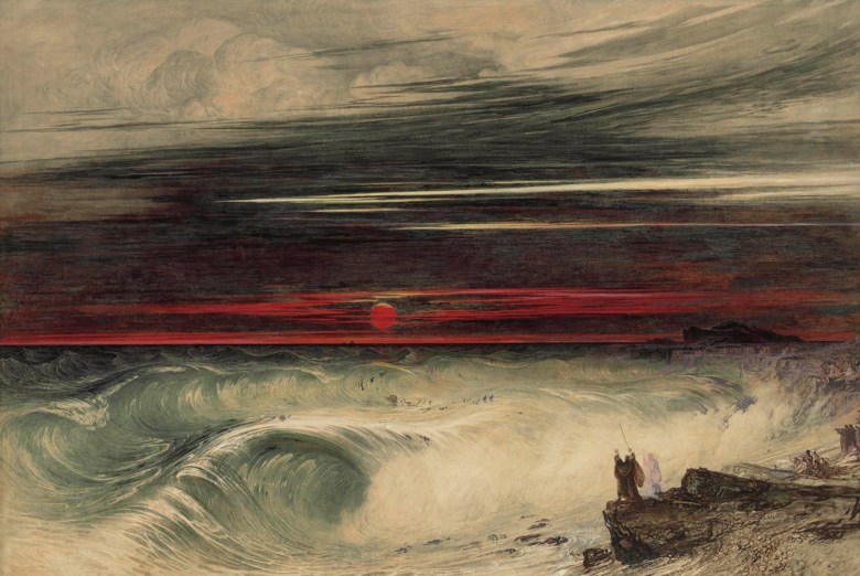 John Martin (1789-1854), The Destruction of Pharaohs Host, 1836. Pencil and watercolour with gum arabic heightened with bodycolour and with scratching out. 23 x 33¾ in (58.4 x 85.7 cm). Sold for £758,050 on 3 July 2012 at Christie’s in London