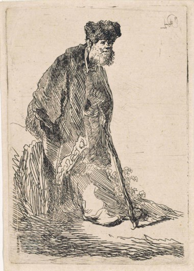 Rembrandt Harmensz. van Rijn, Man in a Coat and Fur Cap Leaning against a Bank (B., Holl. 151; H. 14).  P 112 x 78 mm,  S 118 x 84 mm. Sold for £20,000 on 6 December 2012 at Christie’s in London