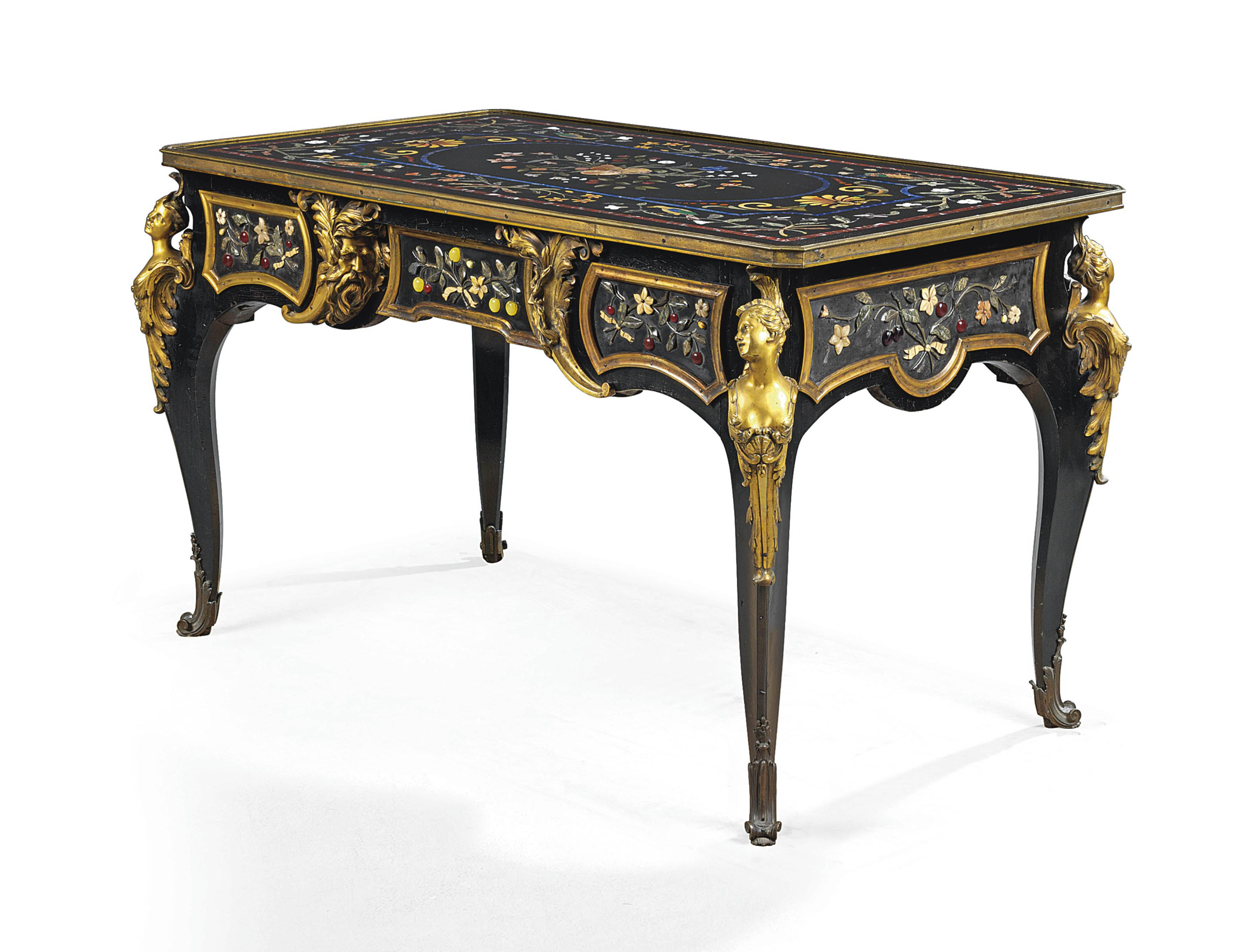 A Napoleon Iii Ormolu Mounted Pietre Dure Ebony And Ebonised Bureau Plat