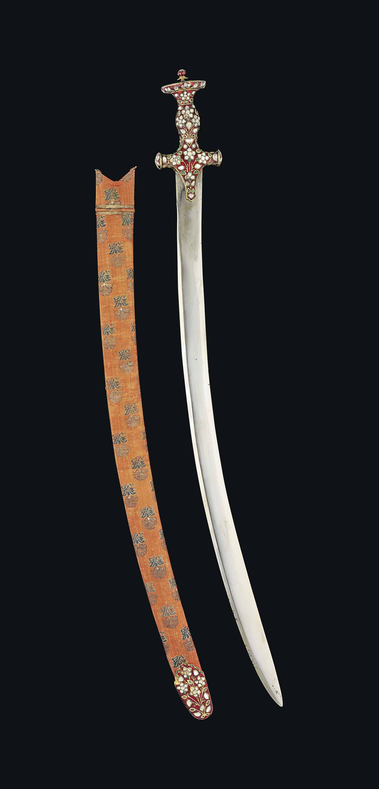 AN ENAMELLED AND DIAMONDINSET GOLD HILTED CURVED SWORD ( TULWAR