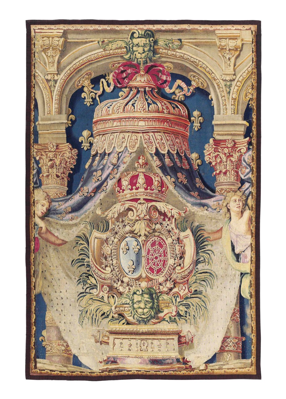 A LOUIS XIV CHANCELLERIE TAPESTRY FRAGMENT