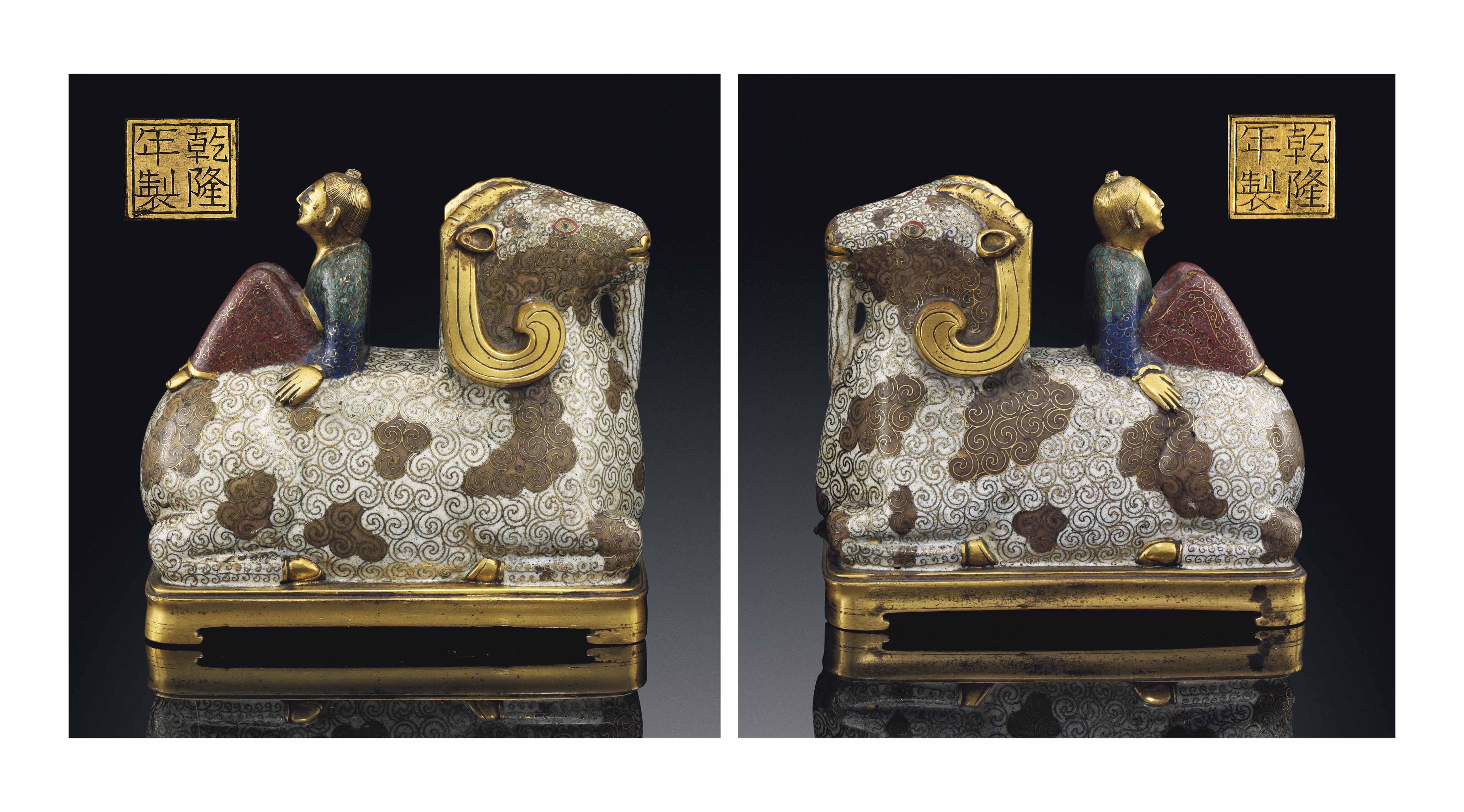 A PAIR OF RARE CLOISONNÉ ENAMEL MODELS OF RAMS WITH RIDERS , QIANLONG
