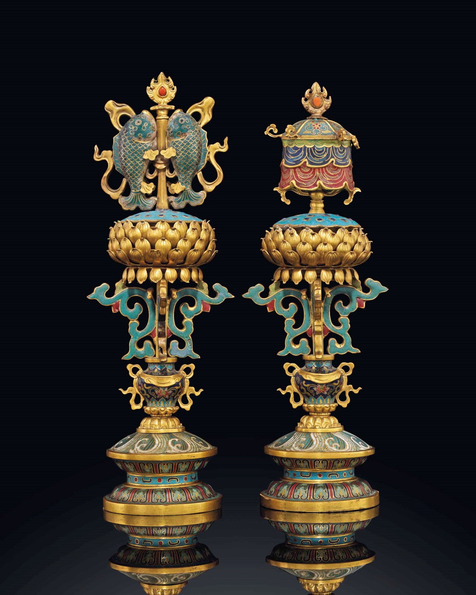 TWO CLOISONNÉ AND CHAMPLEVÉ ENAMEL BUDDHIST EMBLEMS