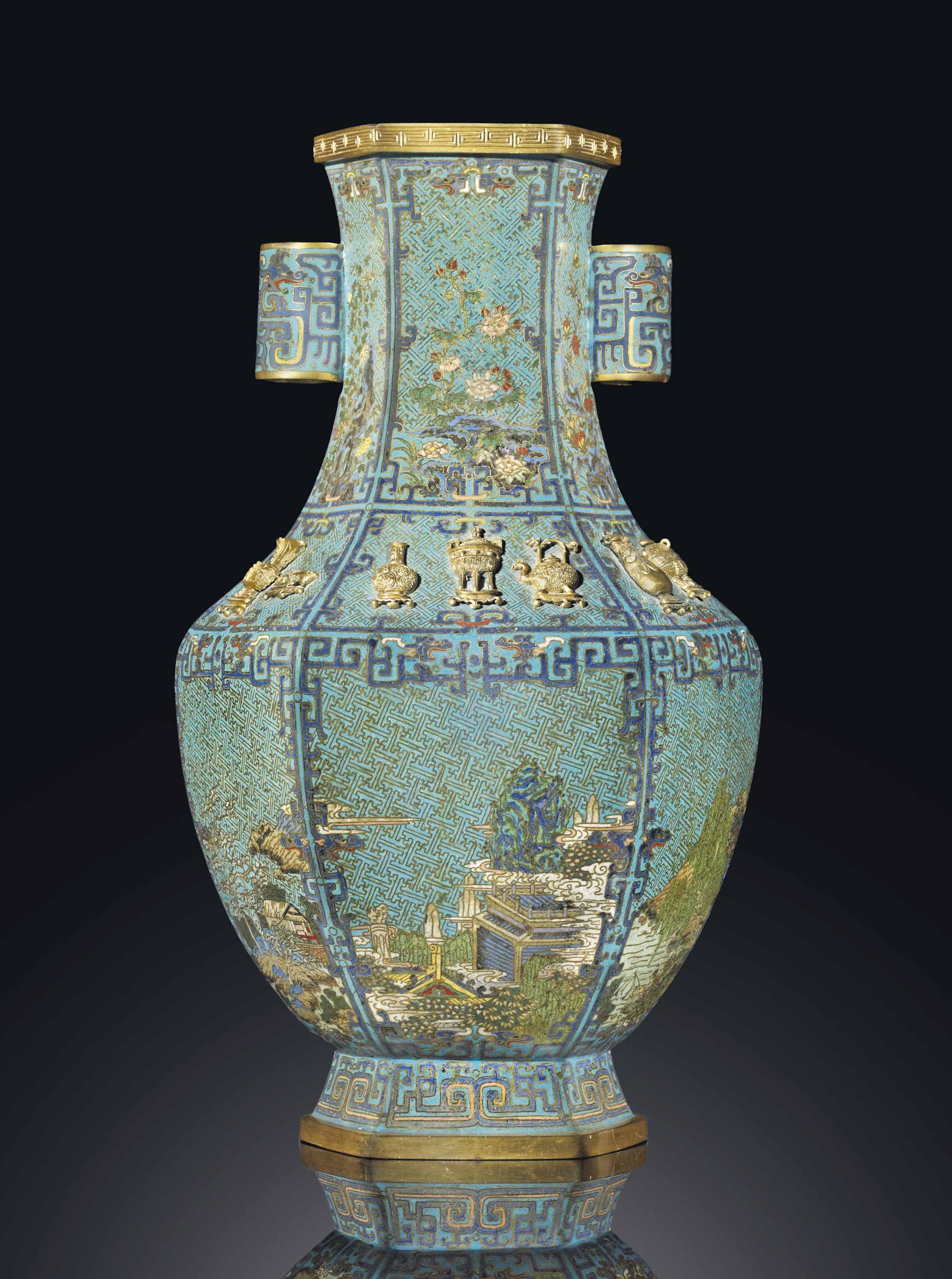A RARE CLOISONNÉ ENAMEL HEXAGONAL VASE, HU , QIANLONG PERIOD (17361795