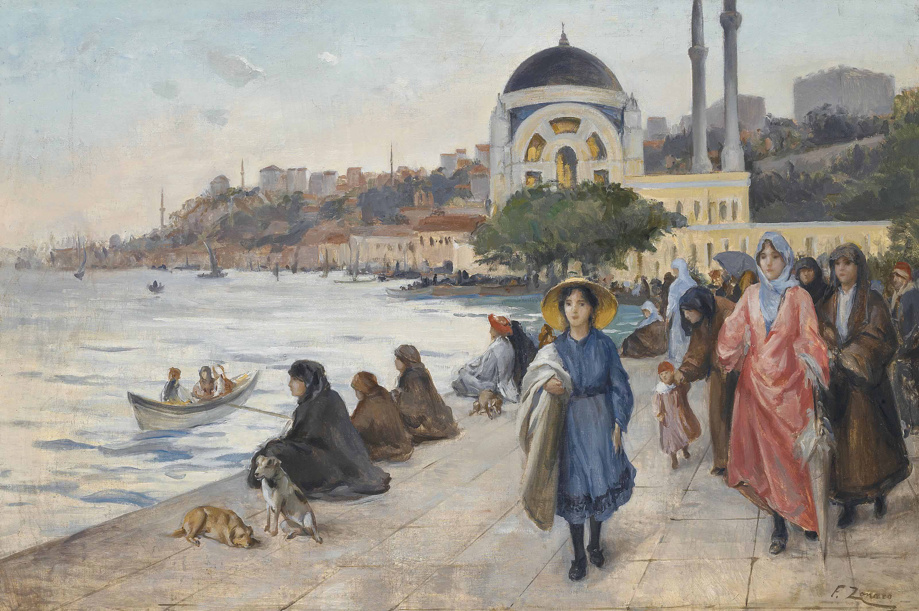 Fausto Zonaro Italian 1854 1929 Mafalda On The Banks Of The Bosphorus The Dolmabahce Mosque In The Background 1900s Paintings Christie S