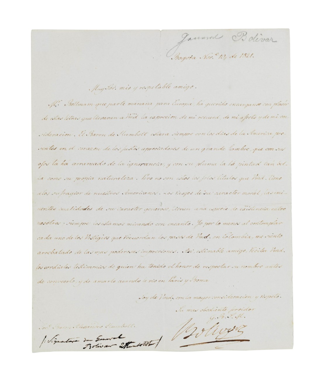 BOLIVAR, Simon (17831830). Letter signed ('Bolivar') TO ALEXANDER VON