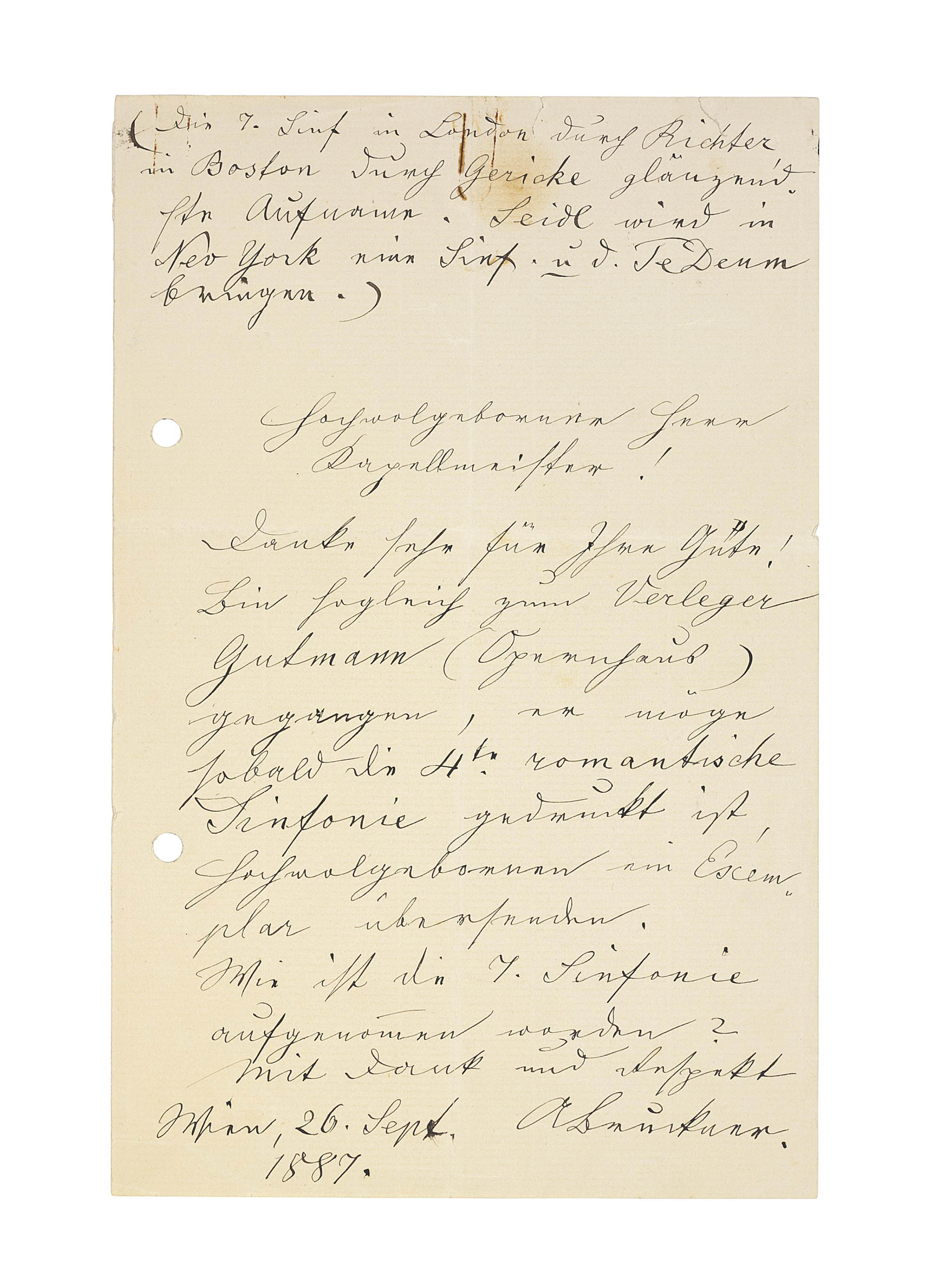 BRUCKNER, Anton (18241896). Autograph letter signed ('A. Bruckner') to