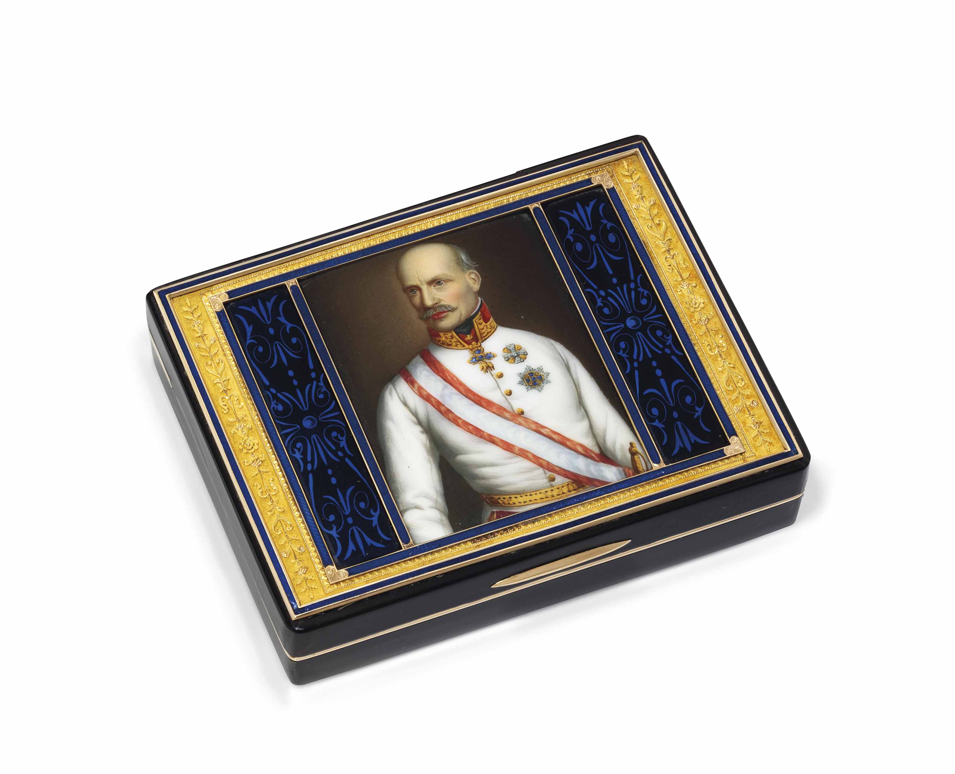 A SWISS OR GERMAN JEWELLED ENAMELLED GOLD SNUFF-BOX SET WITH AN ENAMEL ...