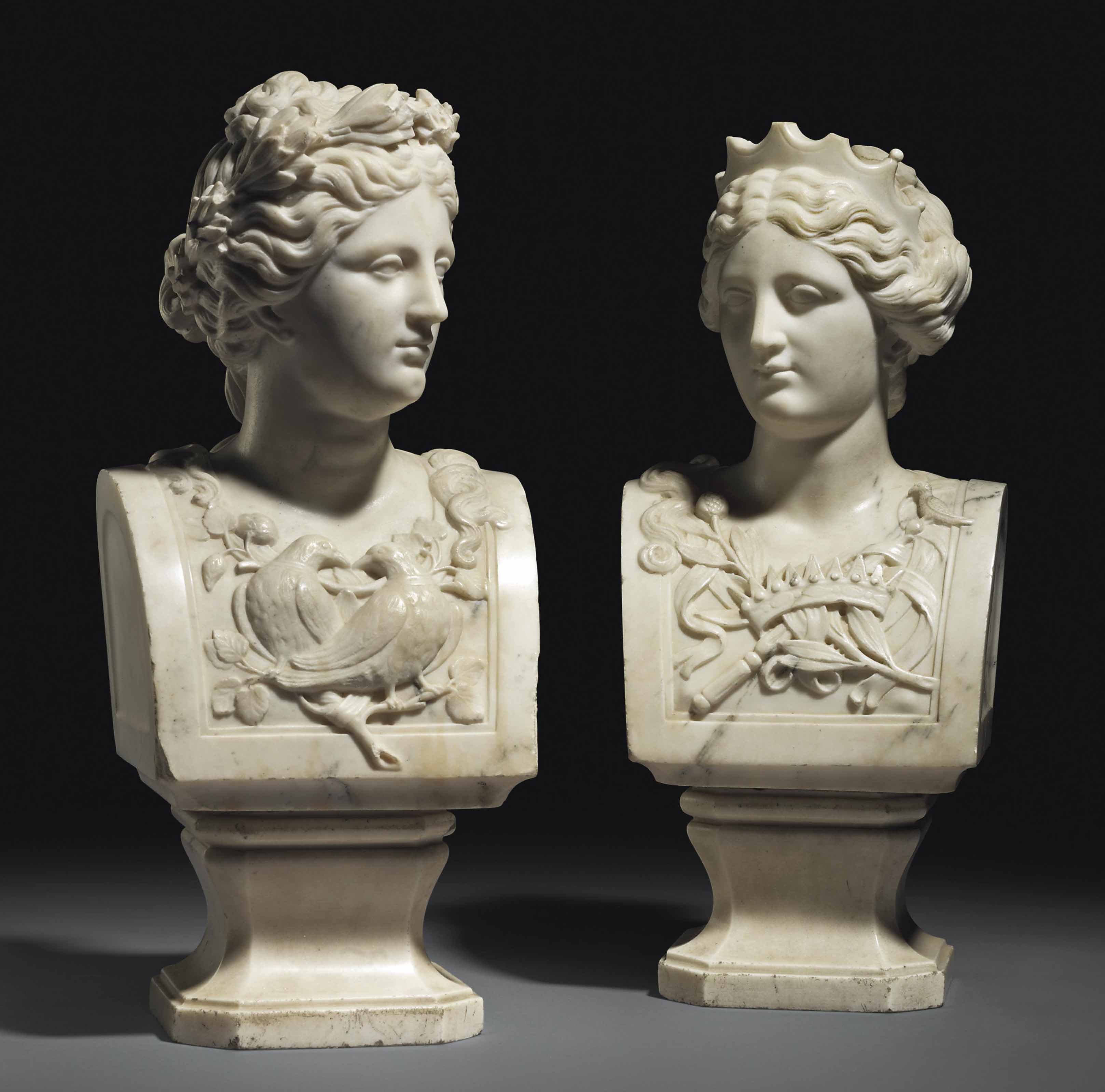 A PAIR OF CARVED MARBLE FEMALE HERM BUSTS , FRENCH, FIRST HALF 18TH