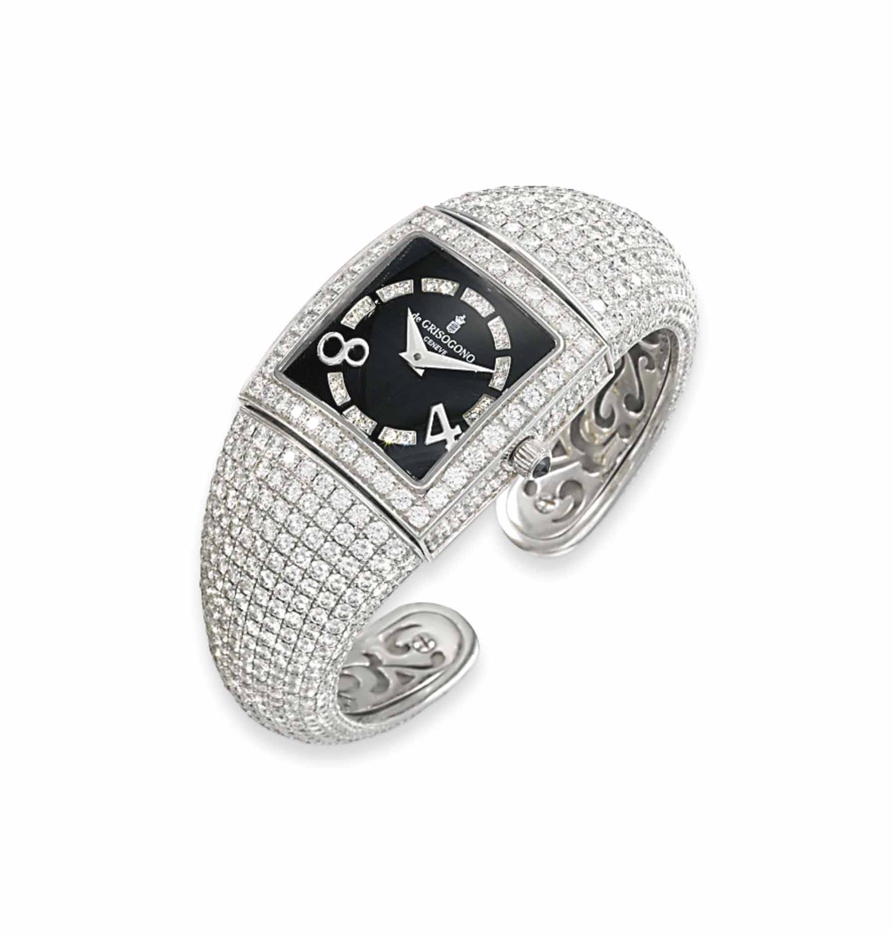 A LADY'S 18 CARAT WHITE GOLD AND DIAMOND WRISTWATCH, BY DE GRISO