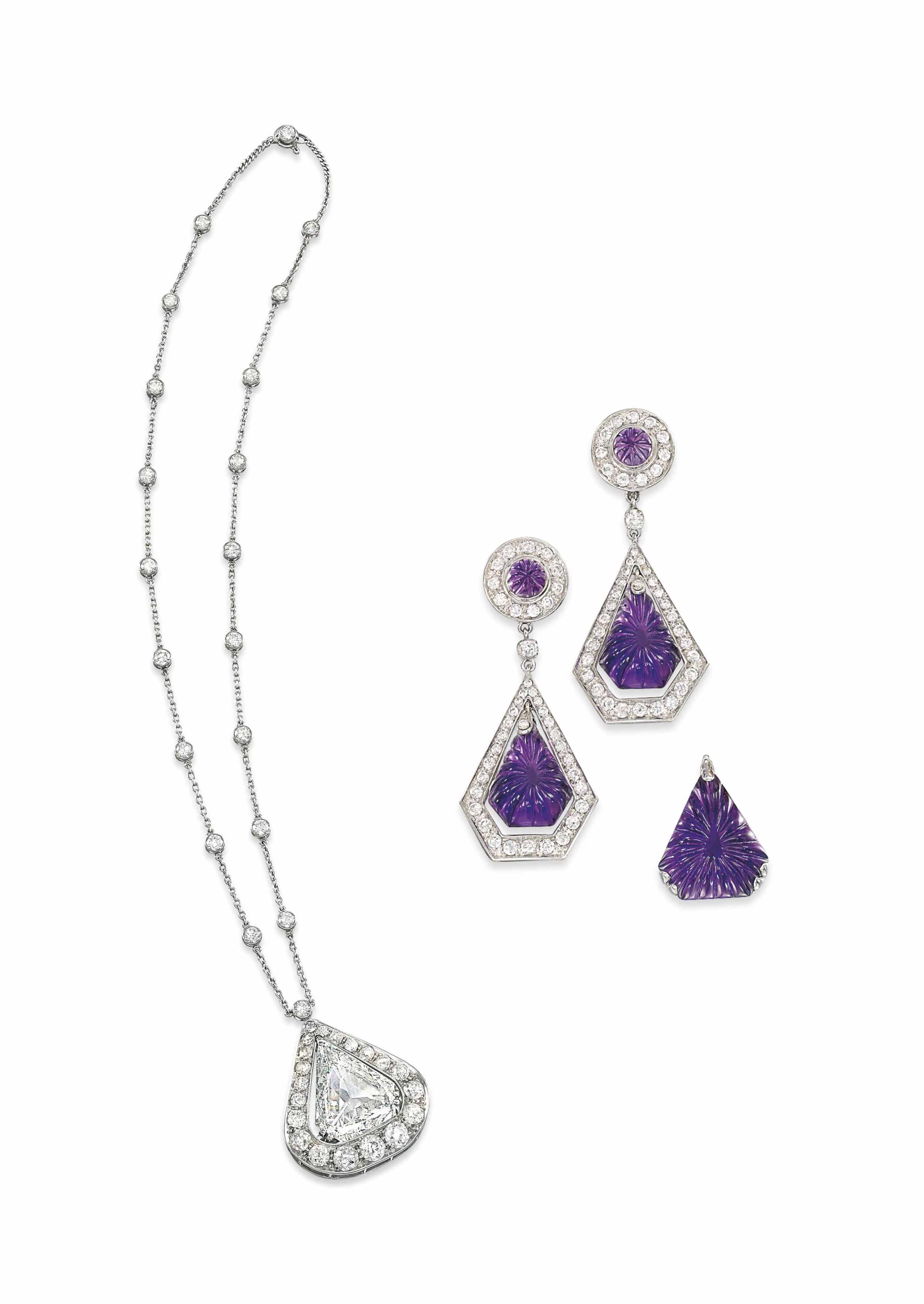 A DIAMOND PENDANT NECKLACE AND A SUITE OF AMETHYST JEWELLERY, BY