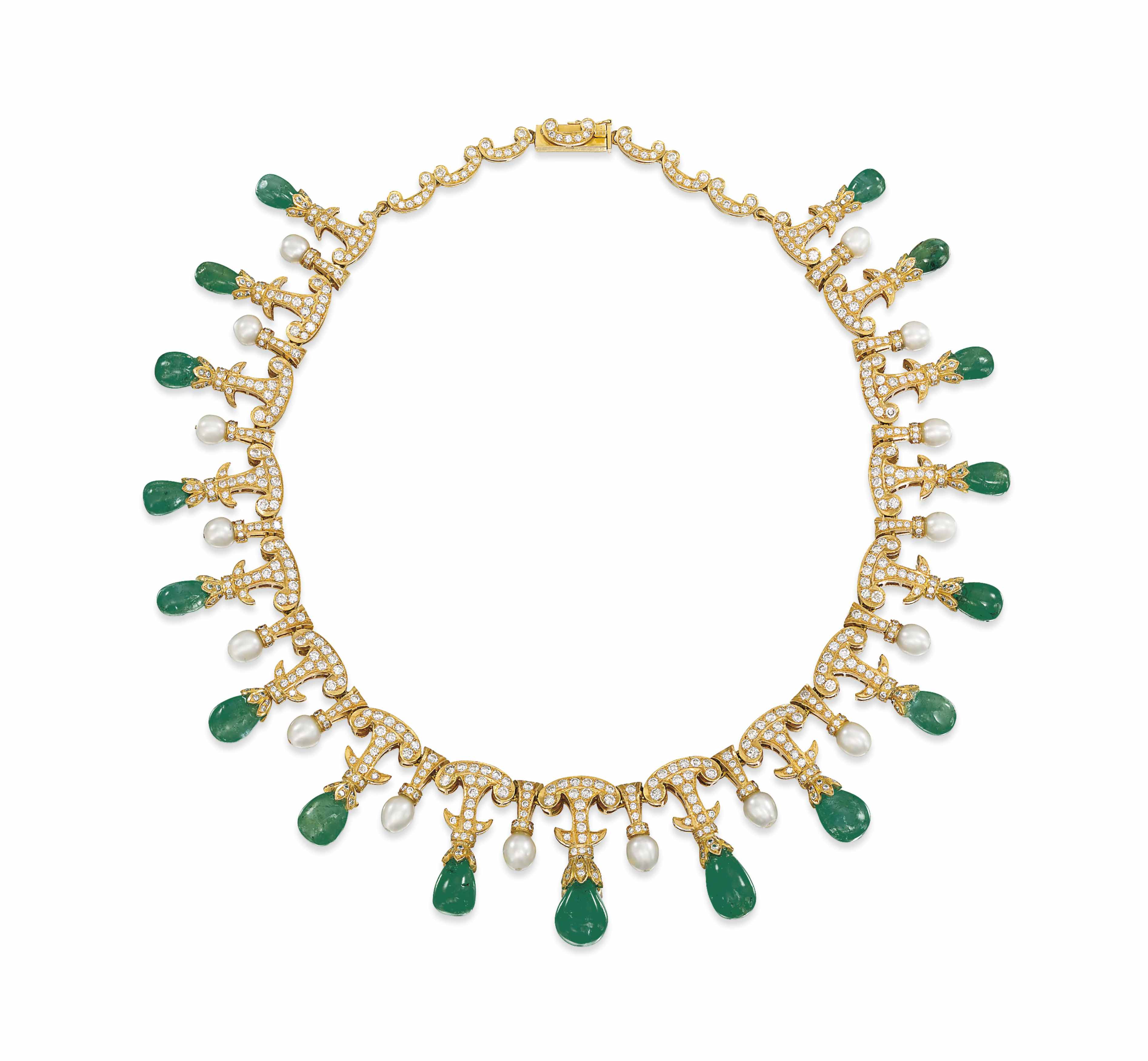 AN EMERALD, DIAMOND AND NATURAL PEARL NECKLACE | Christie's