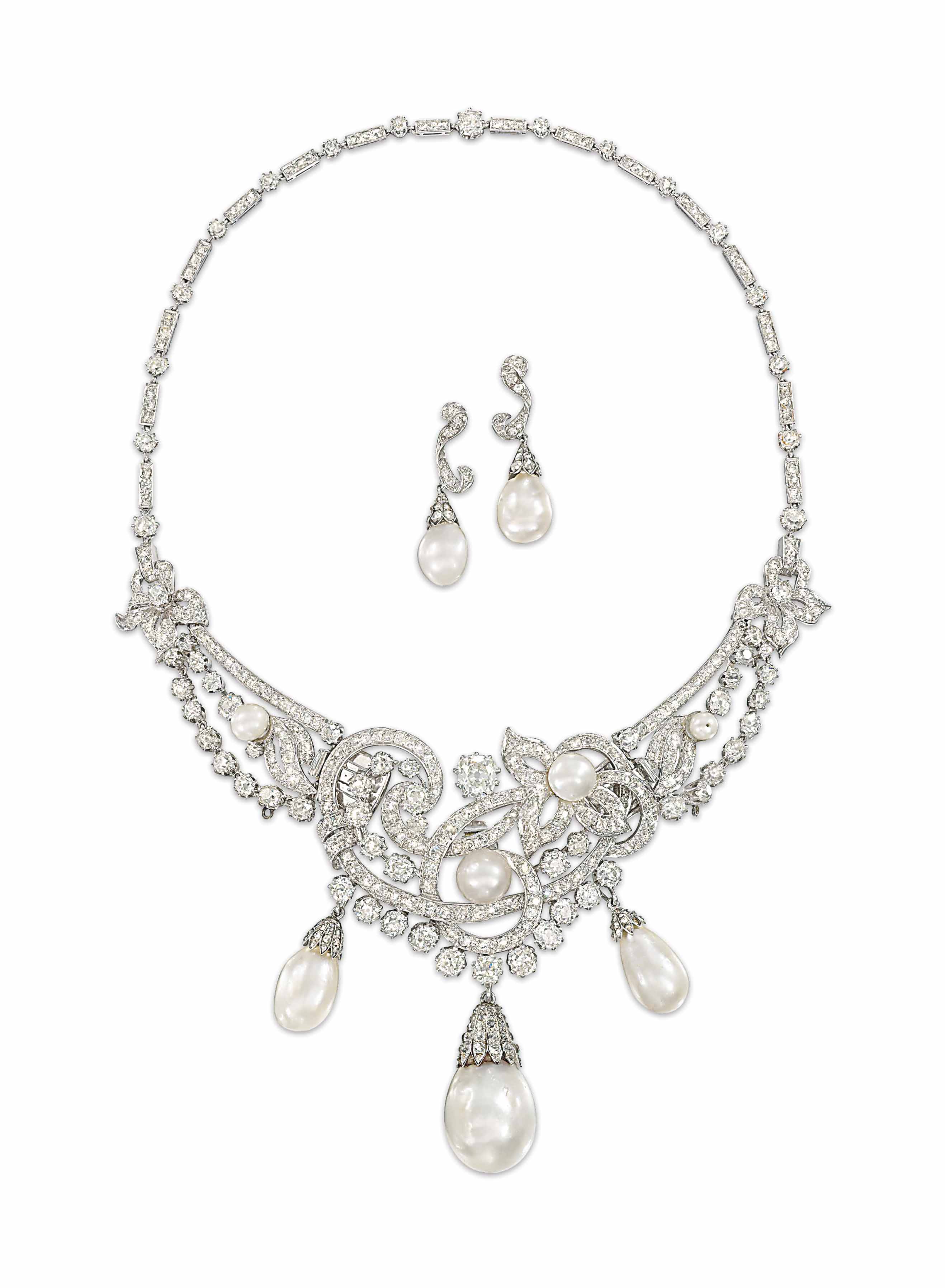 A NATURAL PEARL AND DIAMOND NECKLACE AND EARRINGS | Christie's