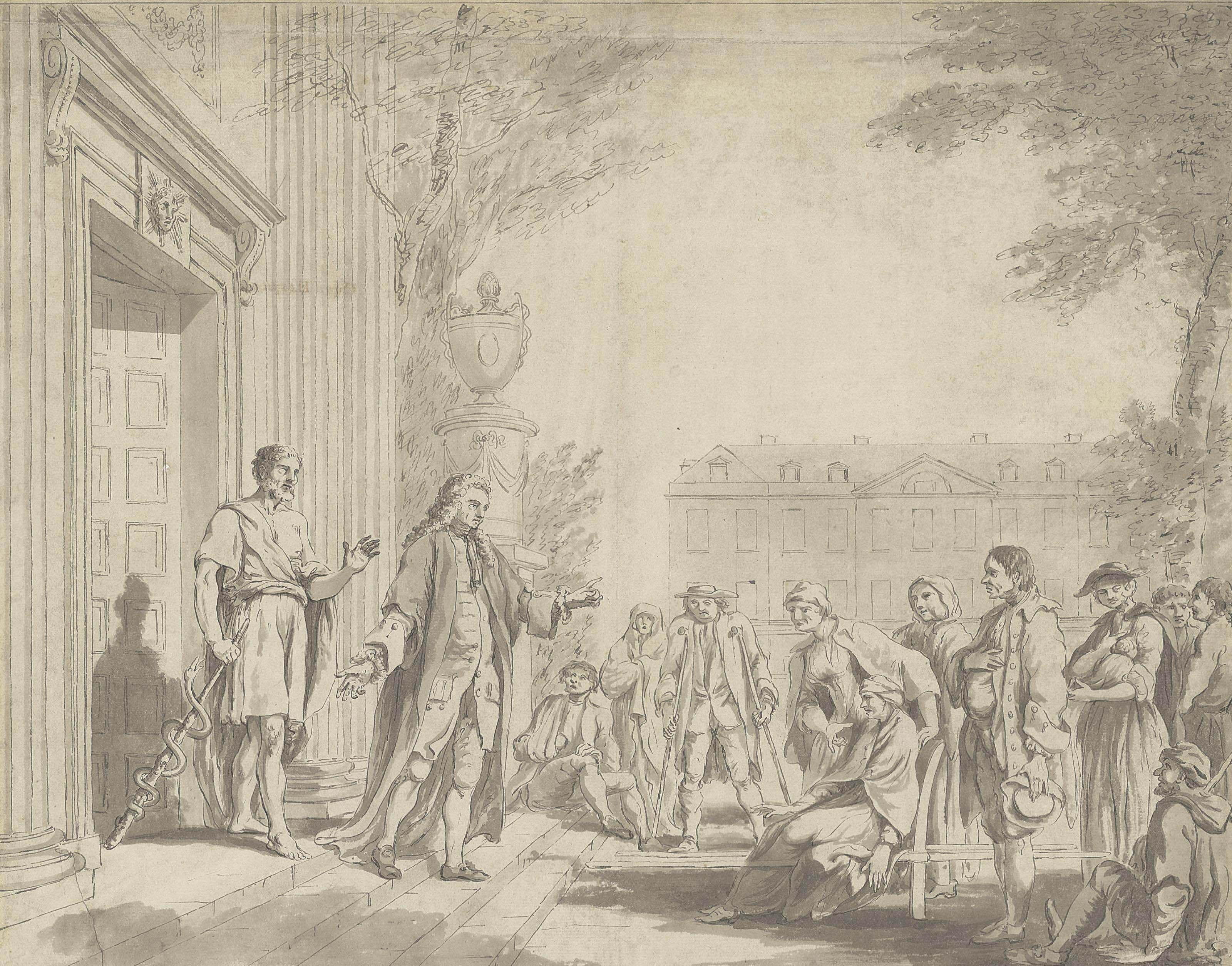 The Radcliffe Infirmary: an Emblematical Representation with Dr John Radcliffe conducted from the Temple of Aesculapius by the Genius of Physic
