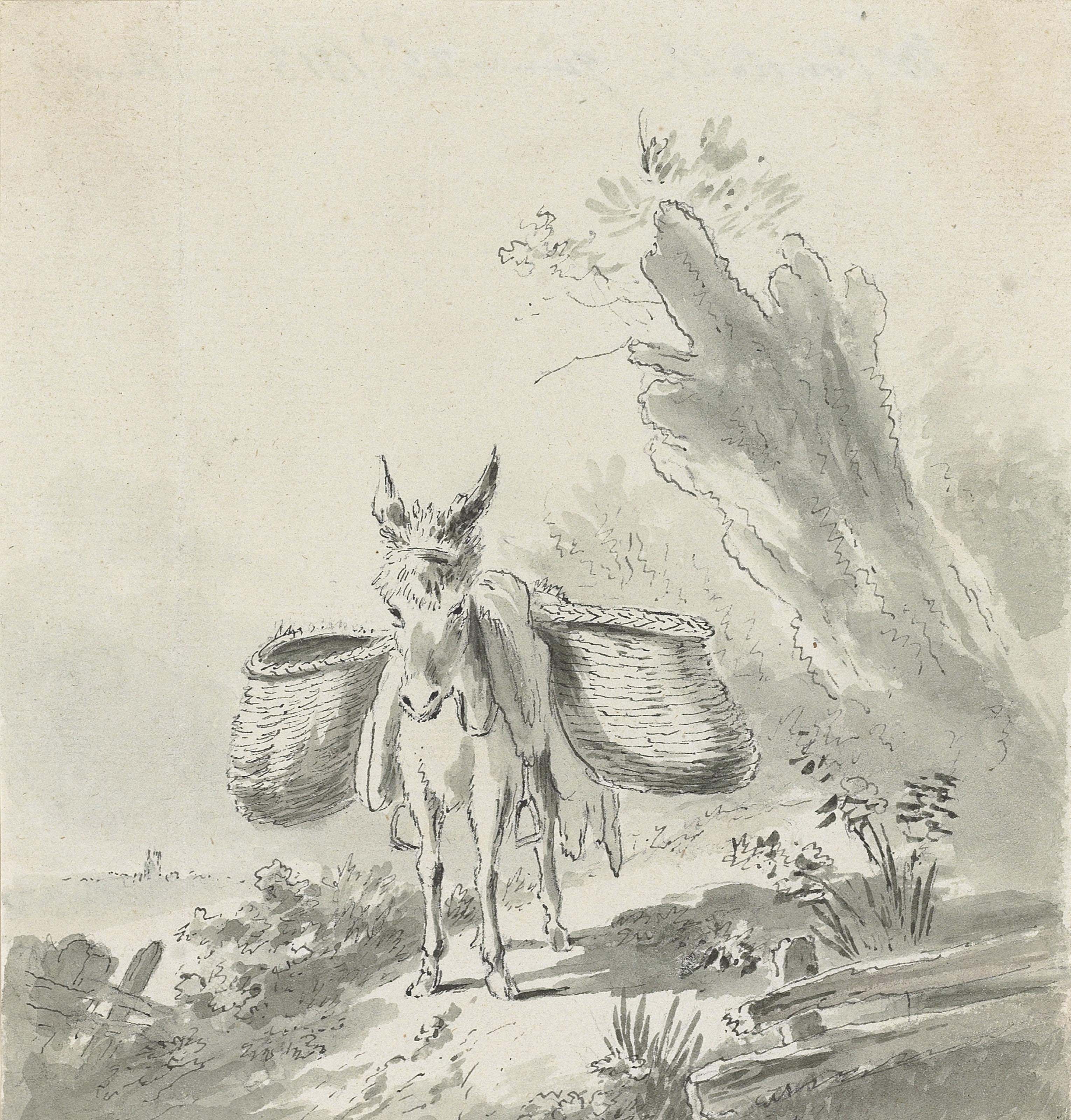 A donkey with panniers on a country path 
