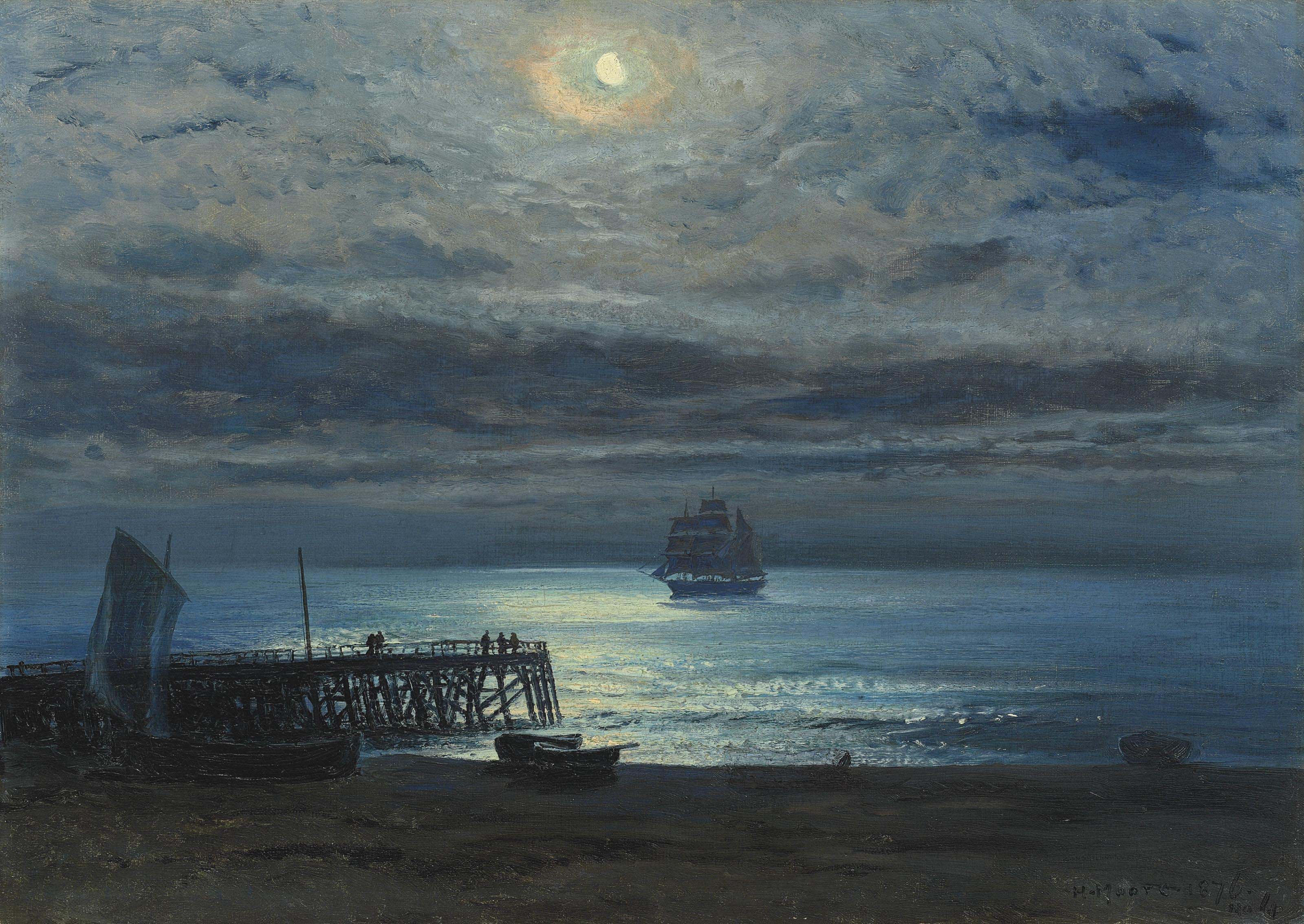 Ship on a moonlit sea - Yarmouth Jetty 

