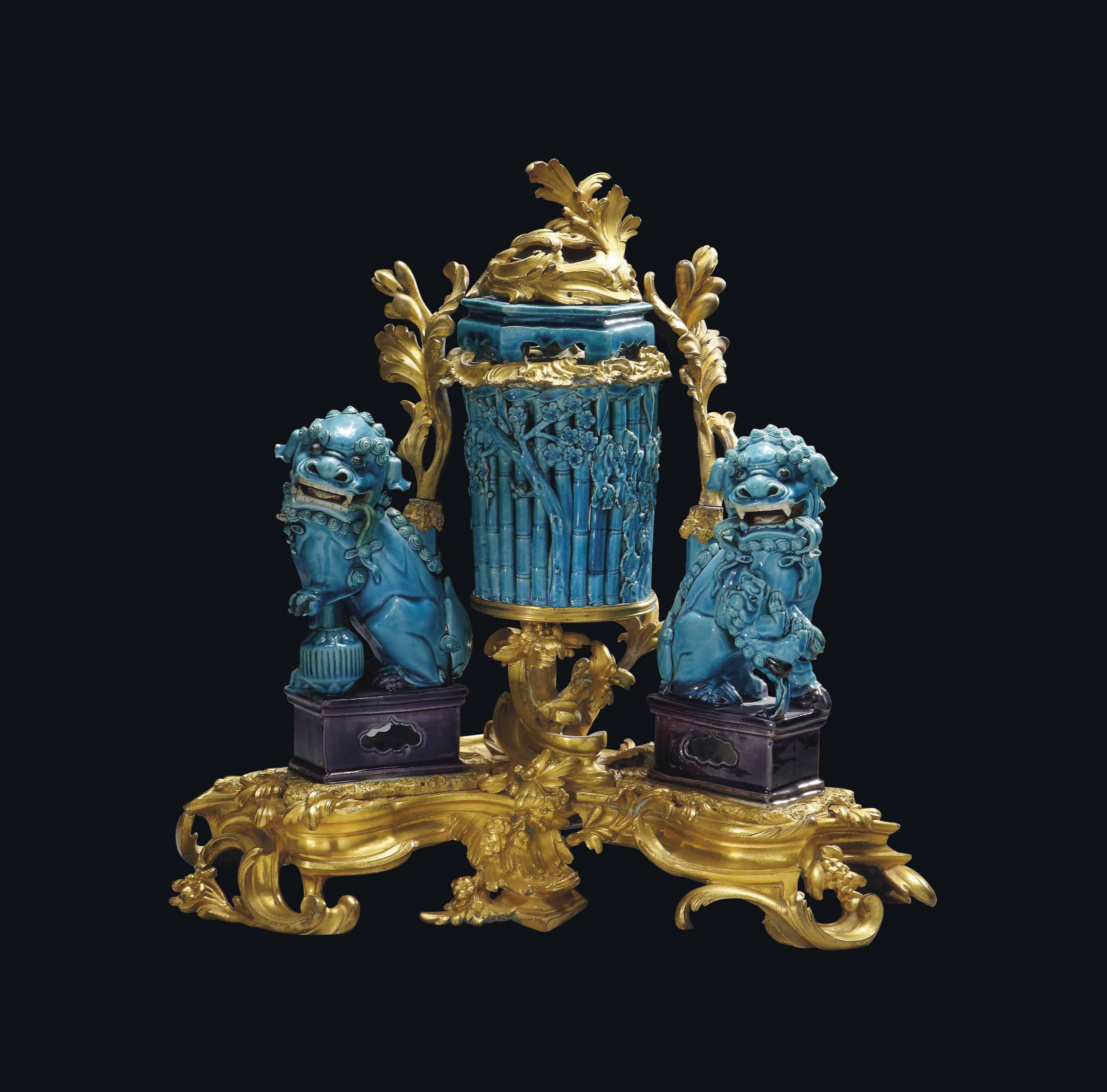 A LOUIS XV ORMOLU MOUNTED CHINESE TURQUOISE PORCELAIN PITONG VASE THE 