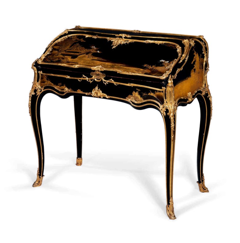 A Louis XV ormolu-mounted Japanese lacquer and vernis martin bureau en pente, attributed to Bernard II van Risenburgh, circa 1756. 34¾  in (88.5  cm) high; 36¾  in (93.5  cm) wide; 18¾  in (47.5  cm) deep. Sold for £2,057,250 on 6 December 2012 at Christie’s in London