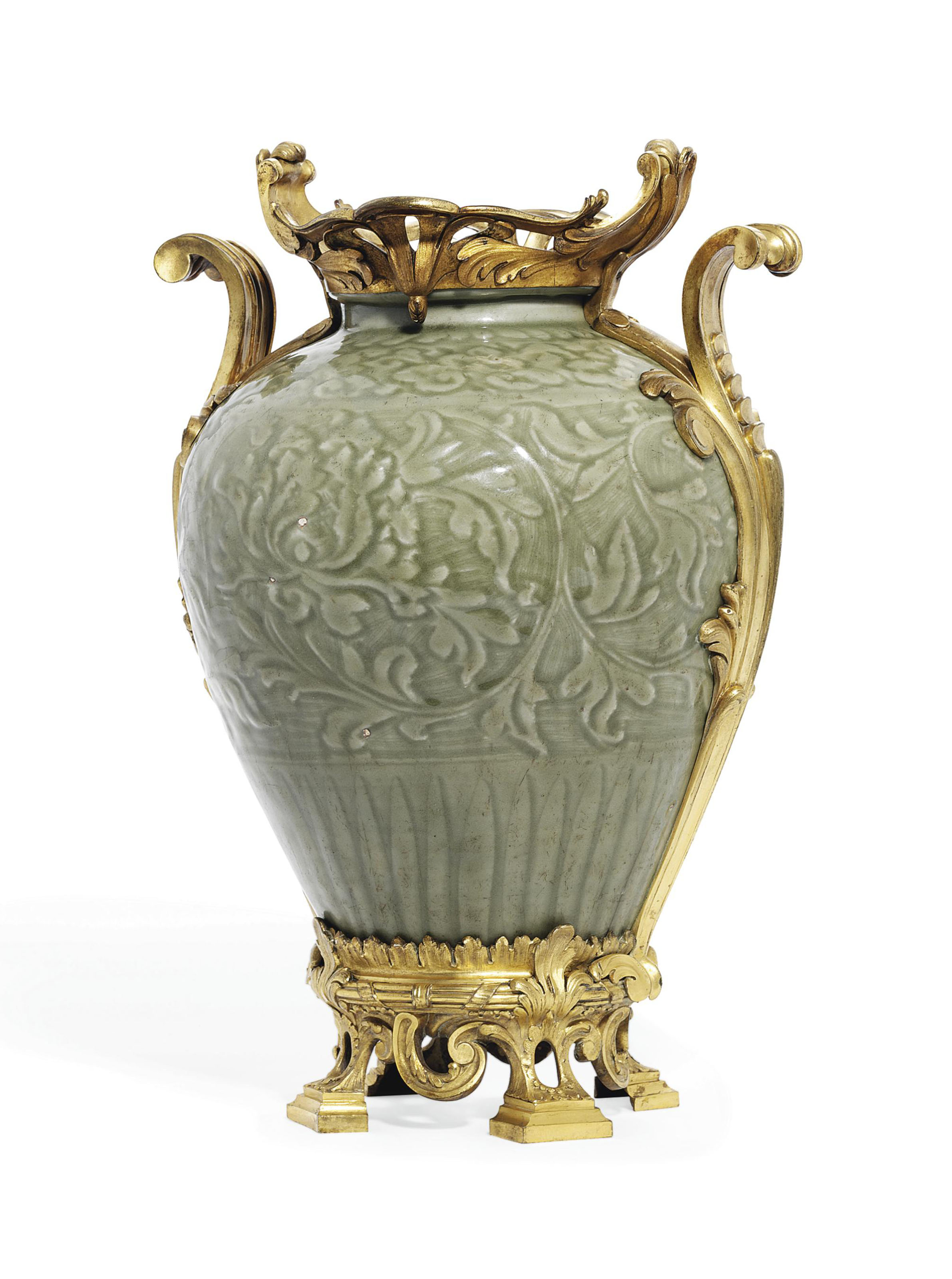 A FRENCH ORMOLUMOUNTED CHINESE LONGQUAN CELADON VASE , MING DYNASTY (13681644), THE MOUNTS BY