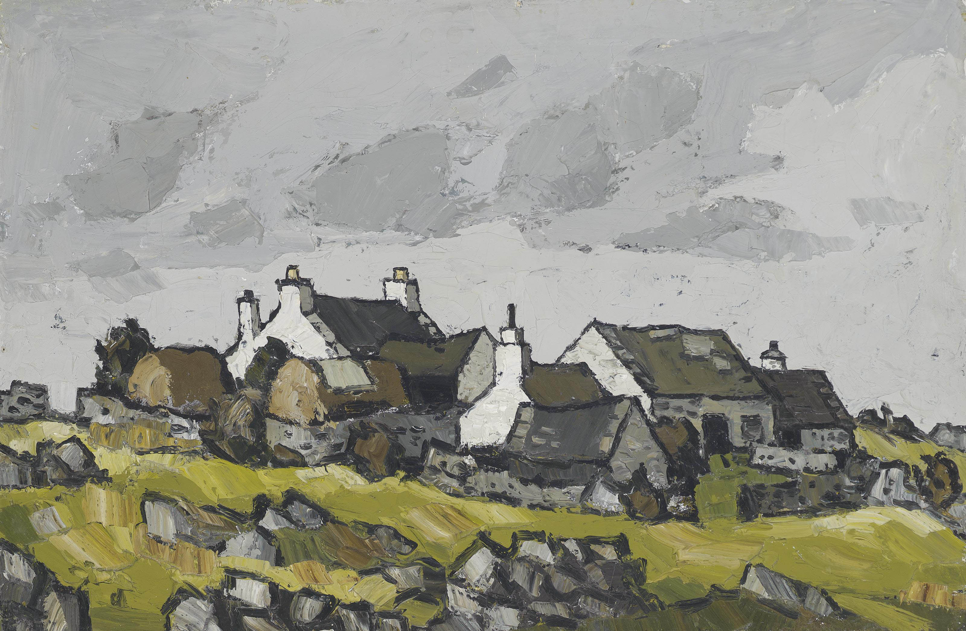 Sir Kyffin Williams, R.A. (1918-2006) , Cottages in a Welsh landscape