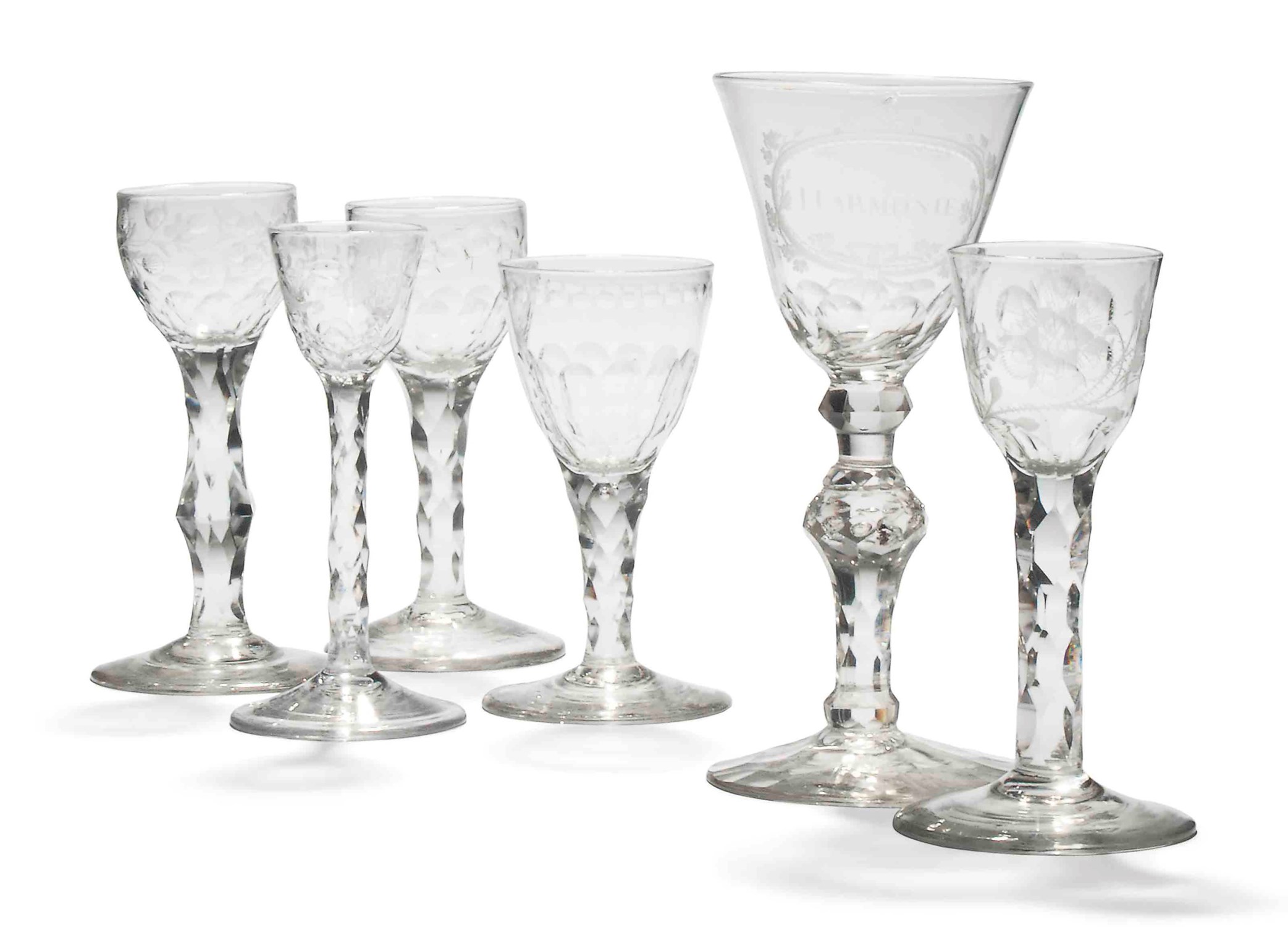 SIX ENGRAVED FACETSTEMMED DRINKING GLASSES