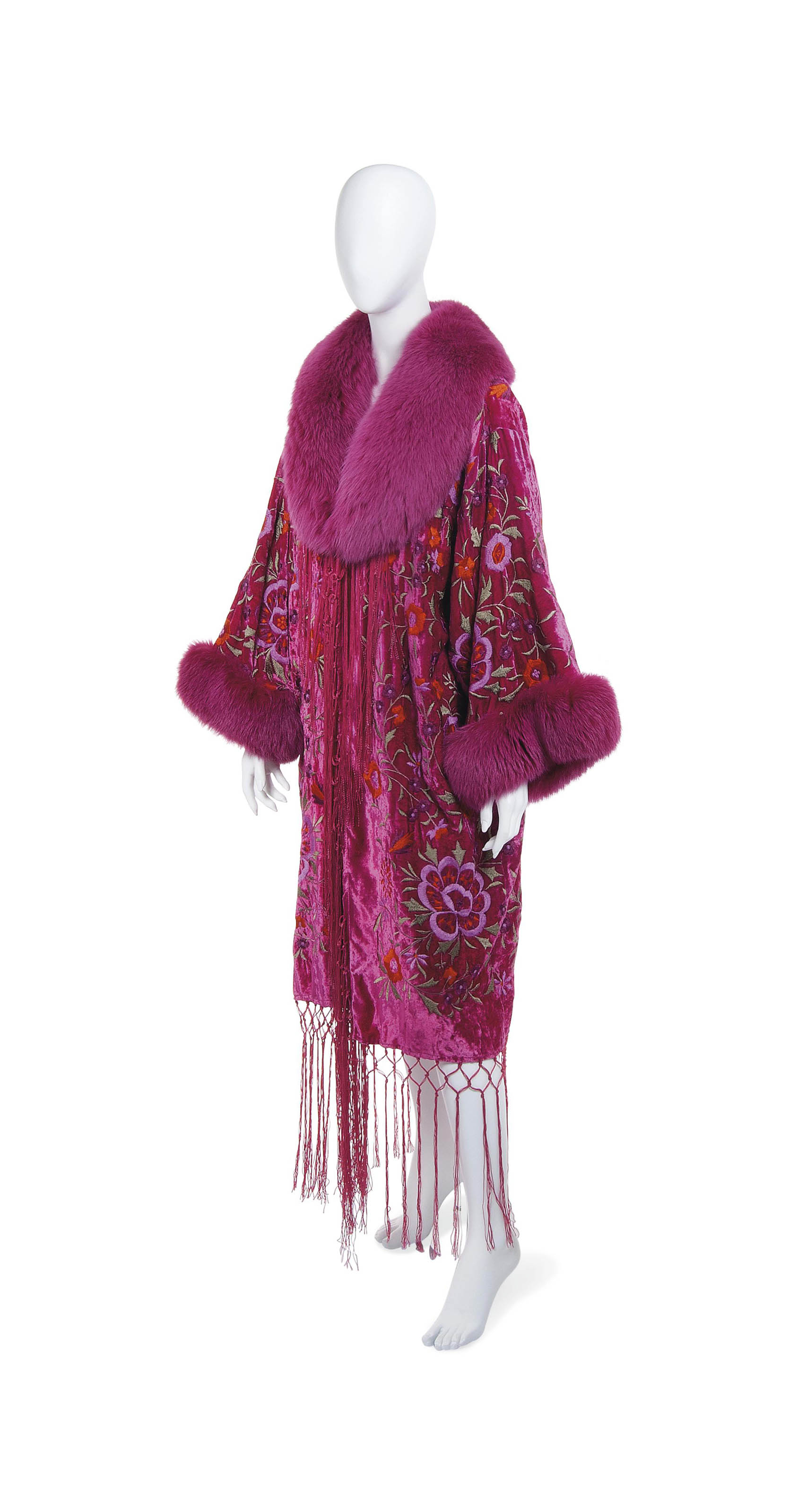 A CERISE SILK VELVET OPERA COAT WITH PINK FUR COLLAR & CUFFS