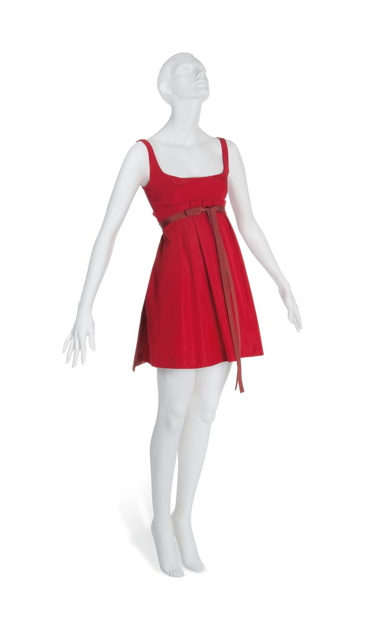A SCARLET GROSGRAIN SILK BABY DOLL COCKTAIL DRESS WITH BUSTLE , PRADA