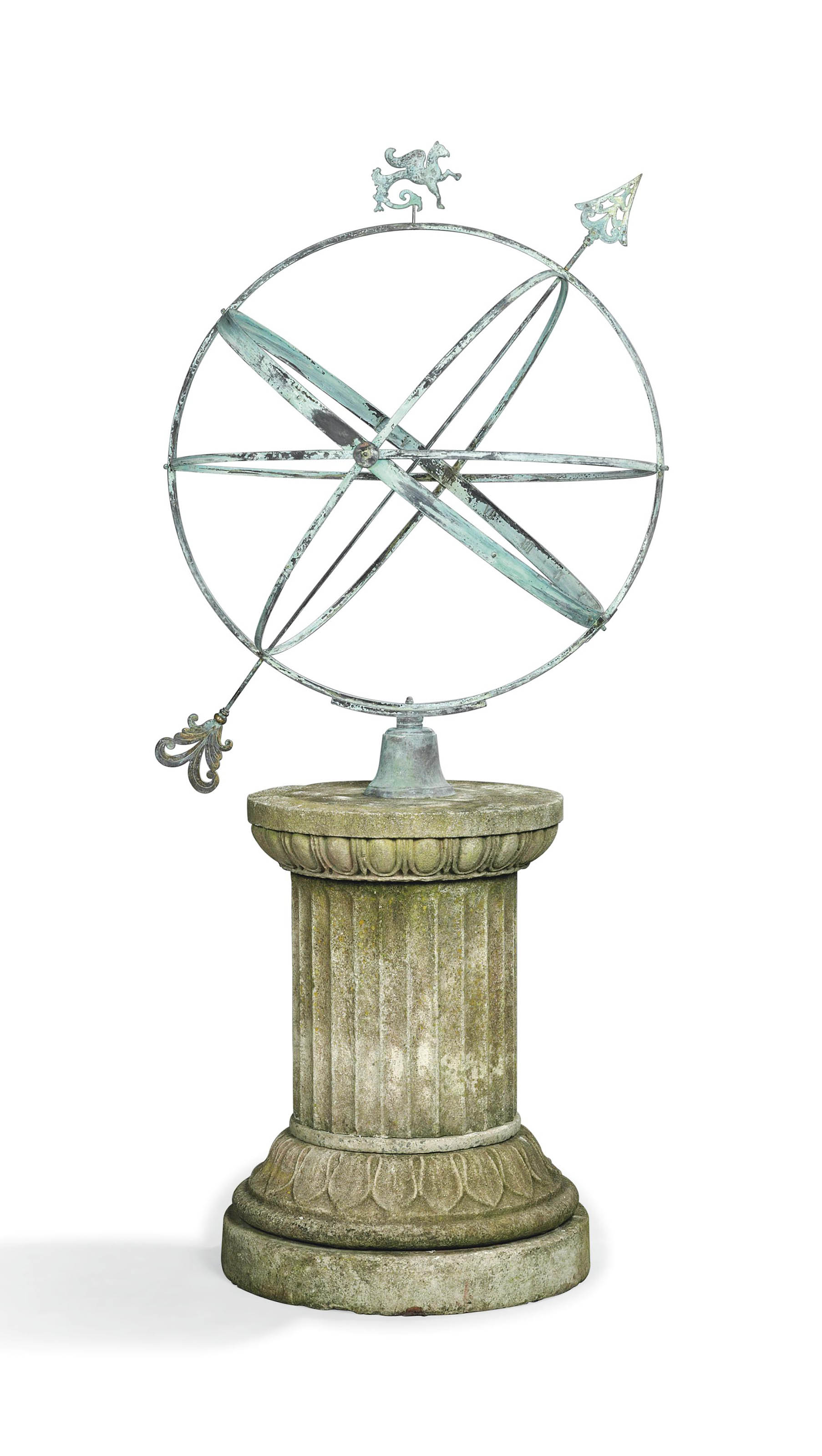 A BRONZE ARMILLARY SPHERE ON COMPOSITION STONE PEDESTAL , MODERN
