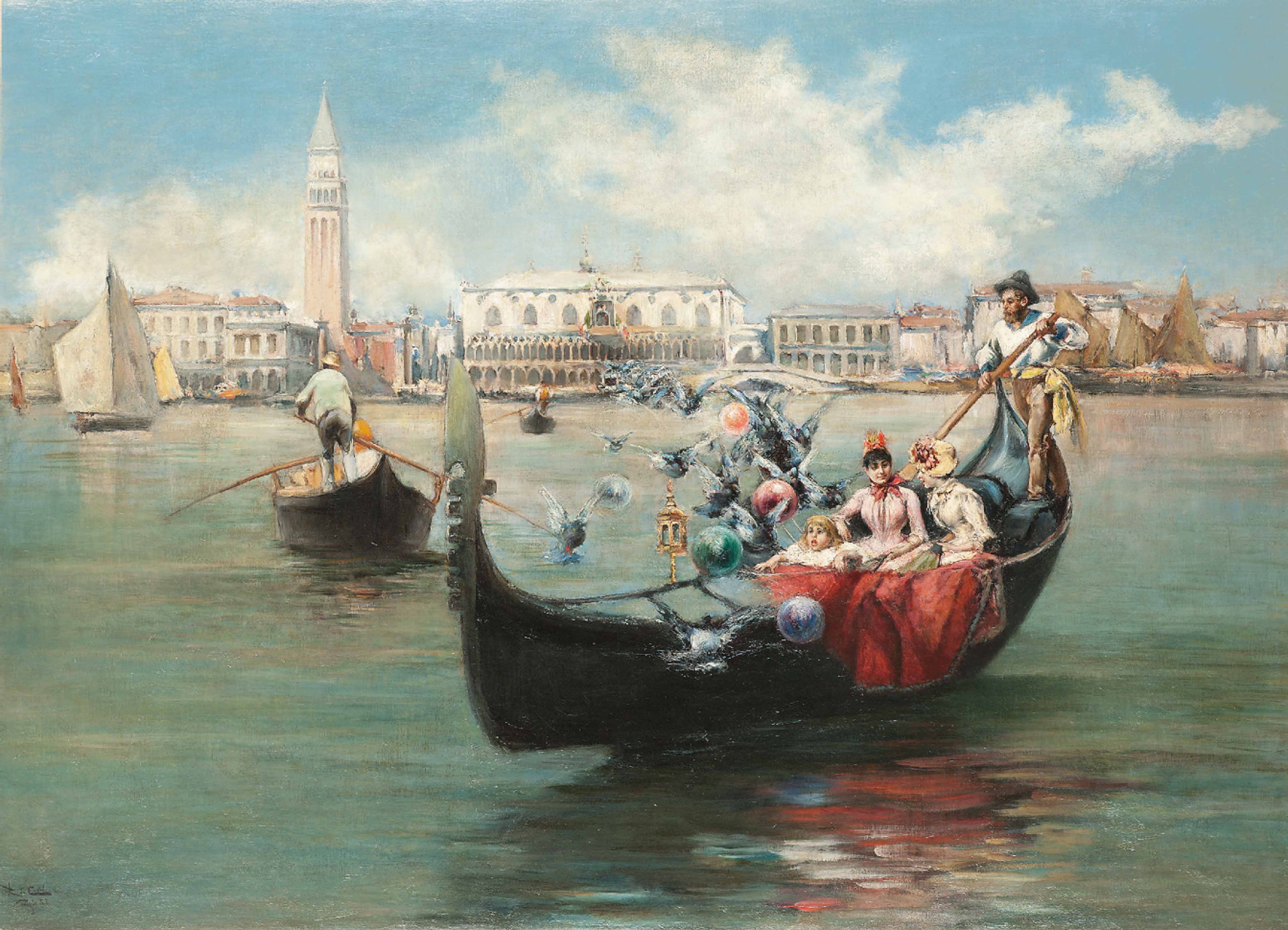 Rafael Contell (SPANISH, b.1850) , A gondola ride on the