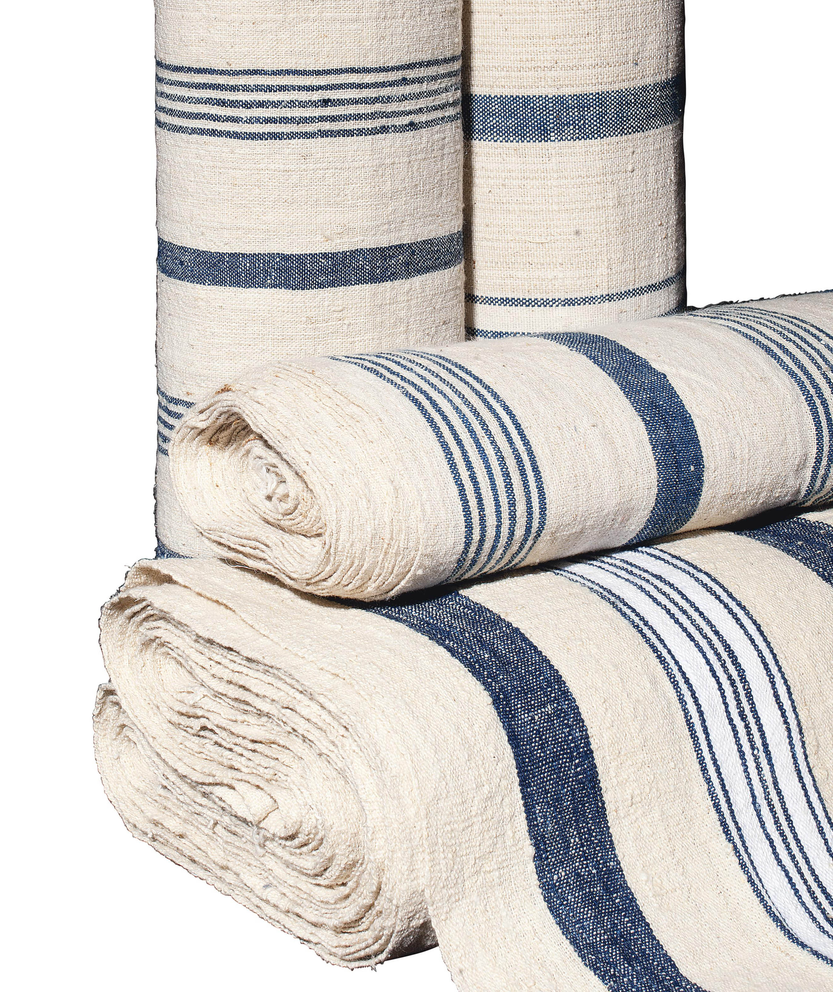 FOUR BOLTS OF BLUESTRIPED LINEN TICKING , MODERN, PROBABLY CENTRAL