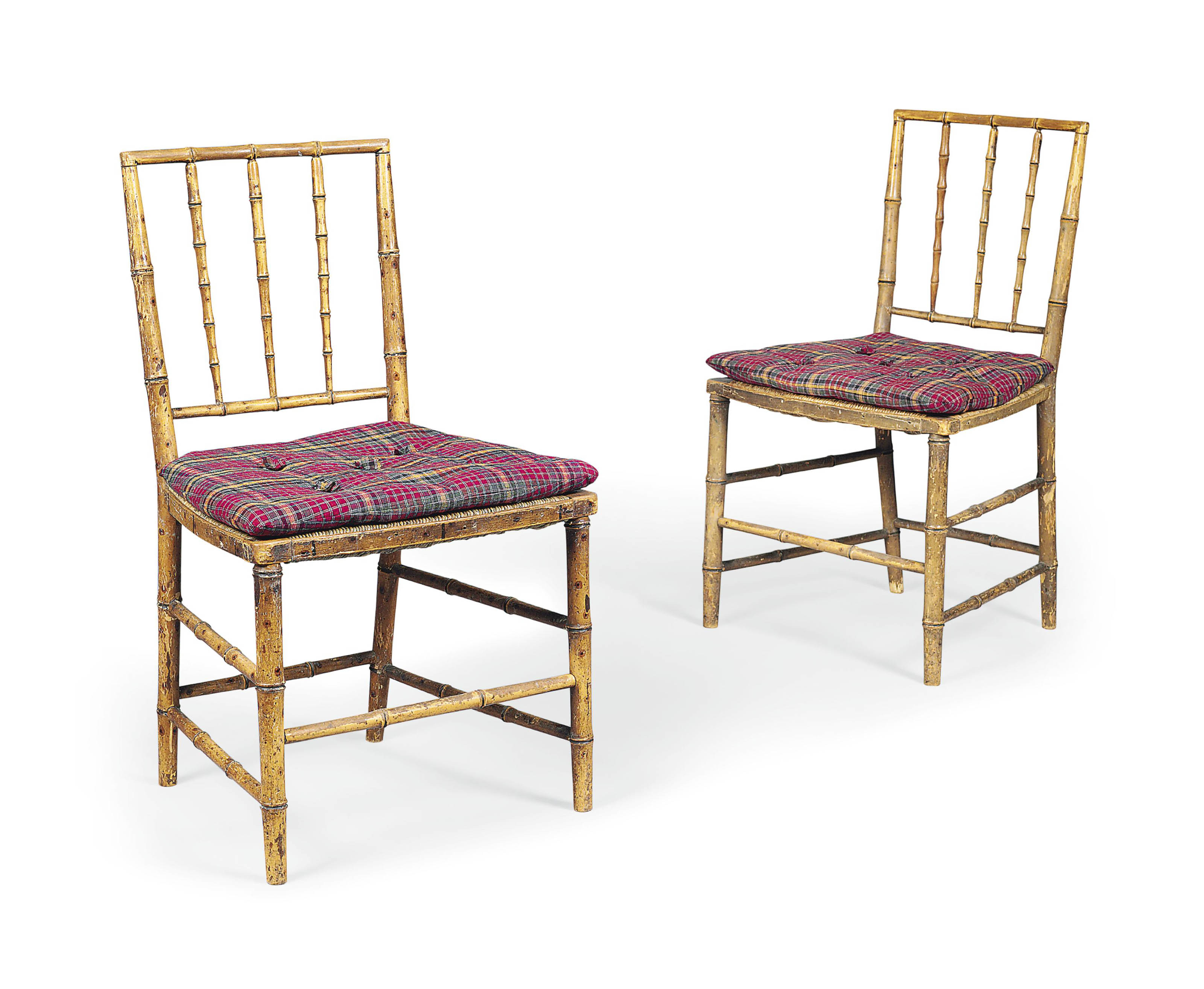 A PAIR OF REGENCY SIMULATED BAMBOO SIDE CHAIRS , EARLY 19TH CENTURY