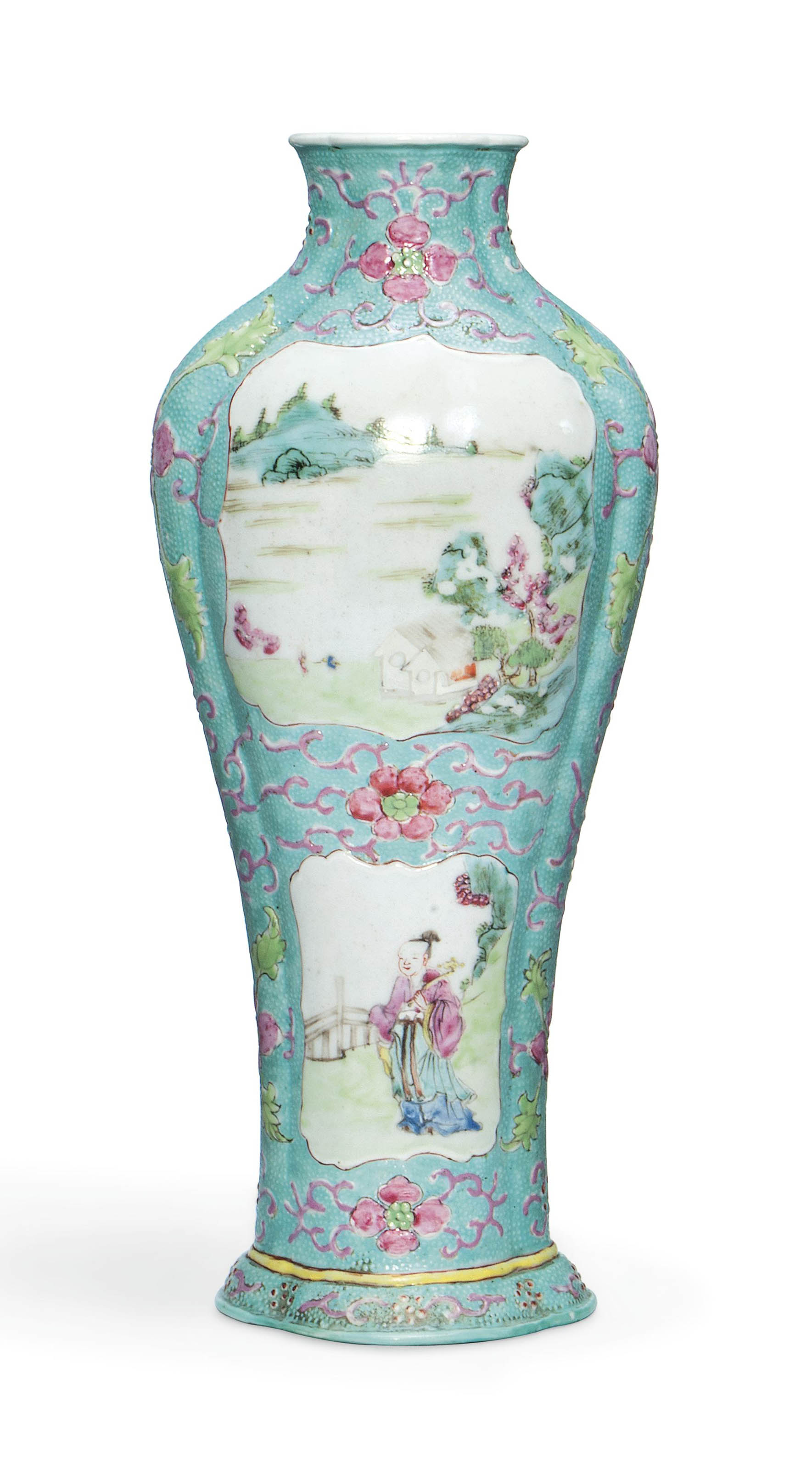 A CHINESE FAMILLE ROSE TURQUOISEGROUND VASE , QIANLONG IRONRED FOUR