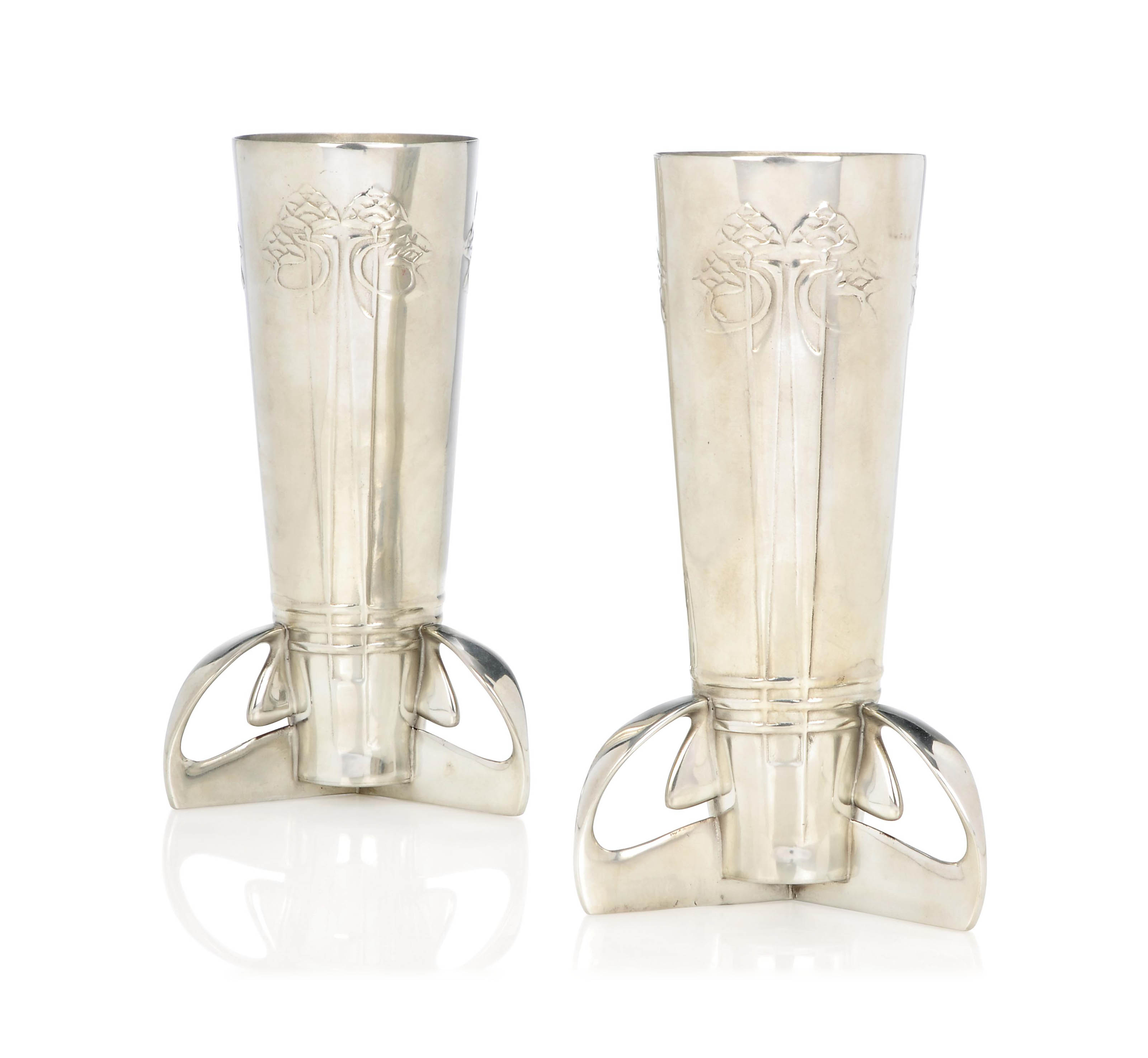 A PAIR OF LIBERTY & CO PEWTER VASES THE SHAPE DESIGNED BY ARCHIBALD